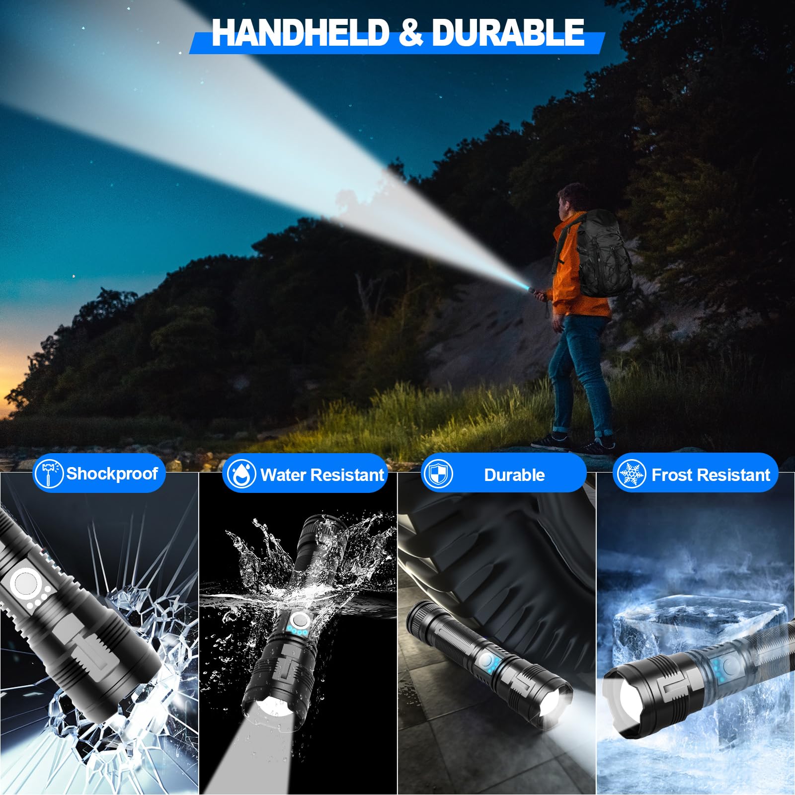 Rechargeable Tactical Flashlights High Lumens,100,000 Lumens Super Bright Led Flashlight,Powerful Flash Light With 5 Modes,Water