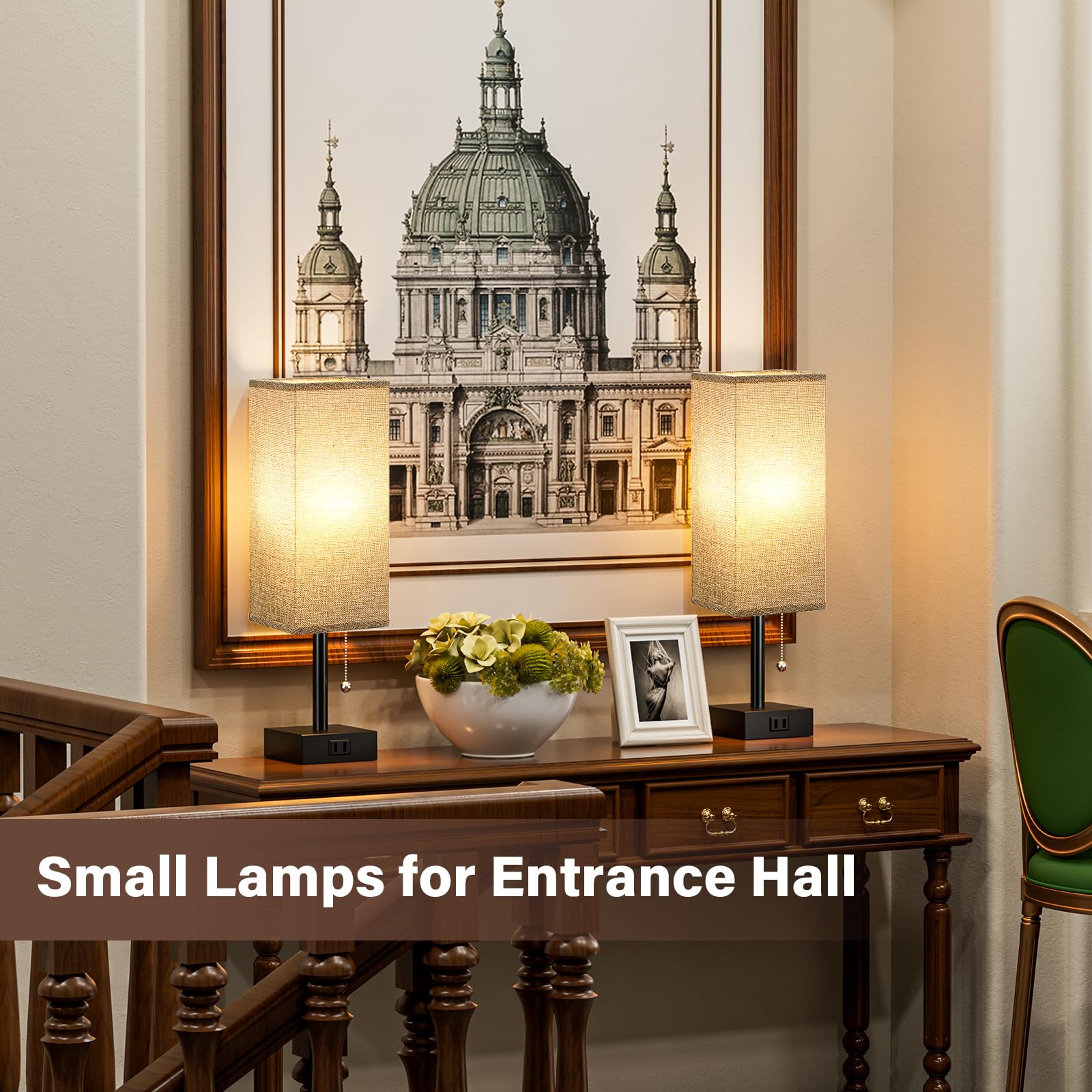 Grey Bedside Lamps For Bedroom Set Of 2 - Small Nightstand Lamp With Ac Outlet Charging Port, 3 Color Temperatures Rectangular D