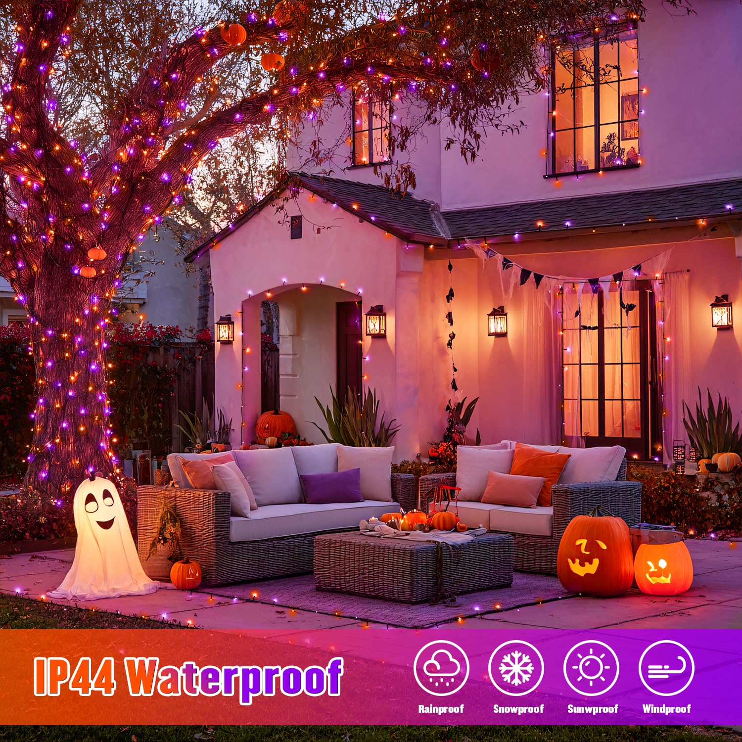 JMEXSUSS Solar Halloween Lights, 2 Pack 100 LED, Waterproof Orange & Purple, Model JM-S-100