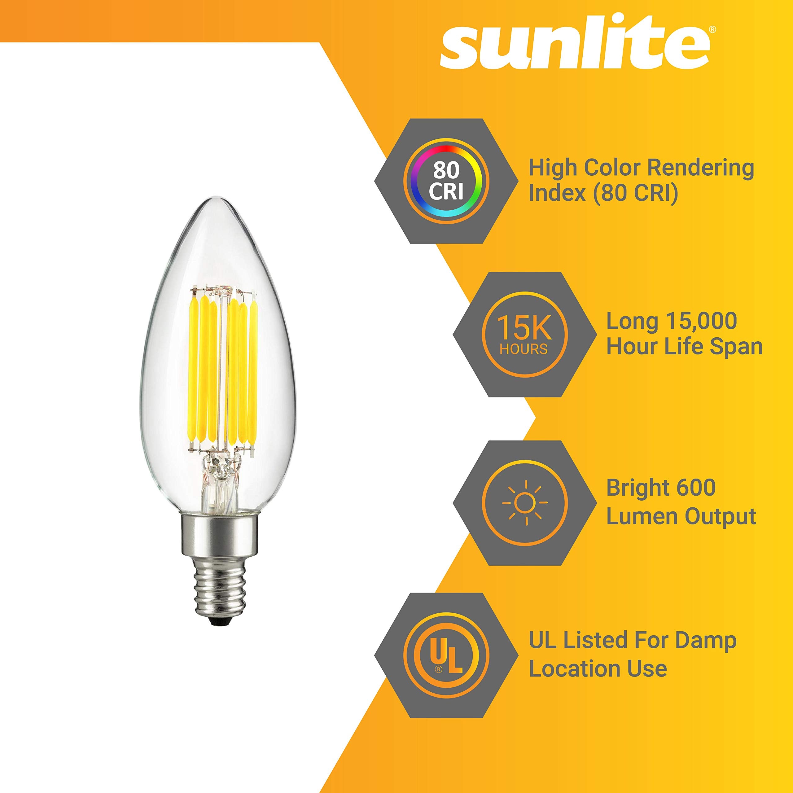 Sunlite 40957 Led B11 Filament Style Chandelier Light Bulb Torpedo Tip 6 Watts (60 W Equivalent) Dimmable, 600 Lumens, Candelabr