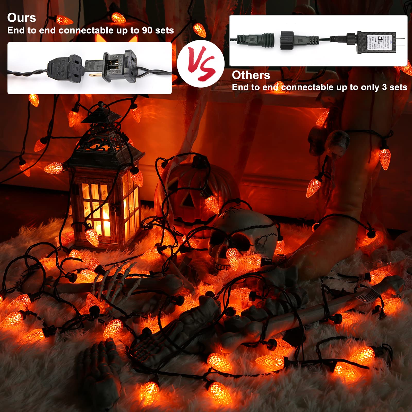 Odeetronic Orange Lights, 33Ft 50 Led C9 Orange Christmas Lights Connectable, 120V Ul Certified Plugin Indoor/Outdoor Orange String Lights, Black Wire Tree Lights Waterproof For Patio Home Decor