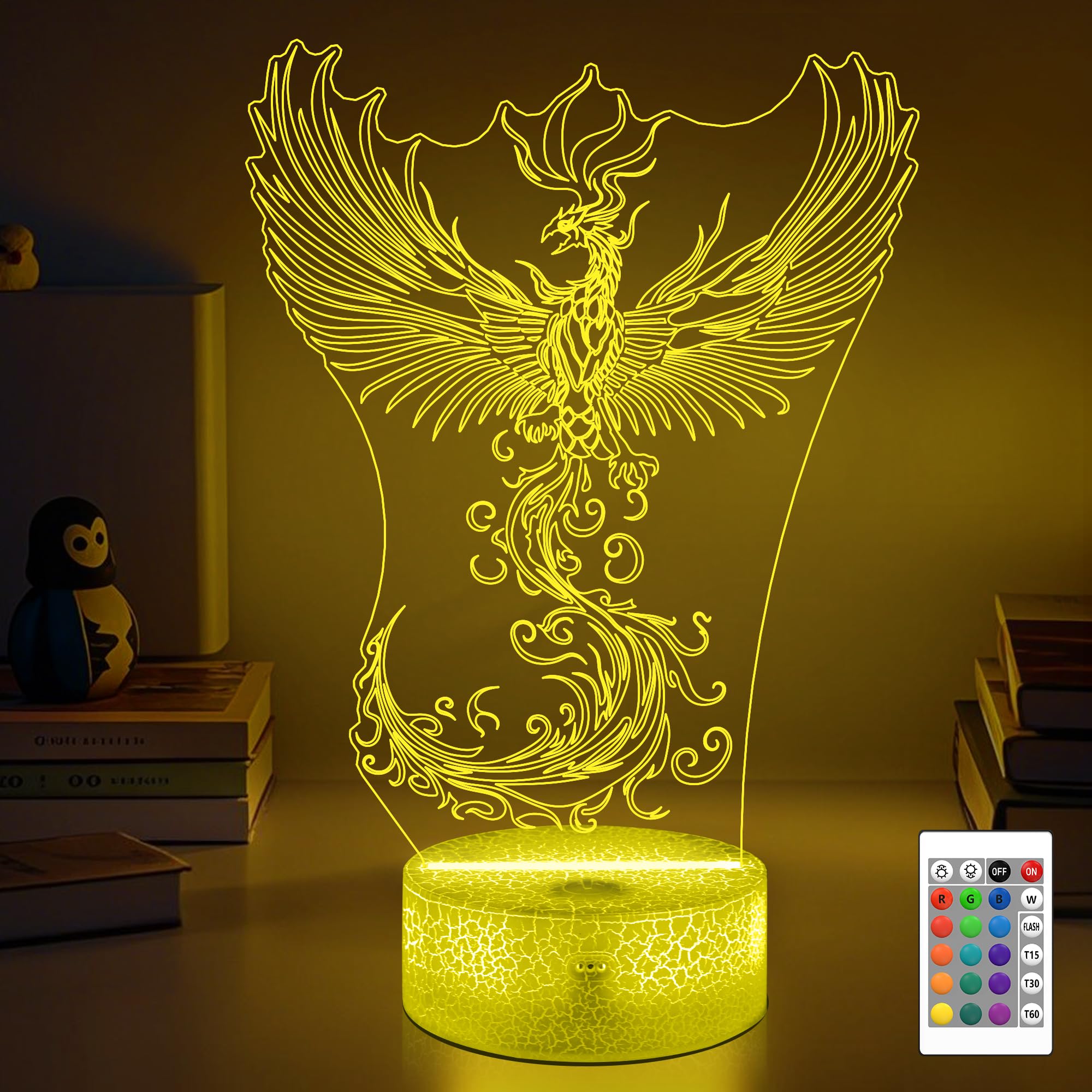 OkiyiD Phoenix Night Light 3D Illusion Lamp with Remote Control, 16 Colors, Acrylic, Blue, Model DL-OK100