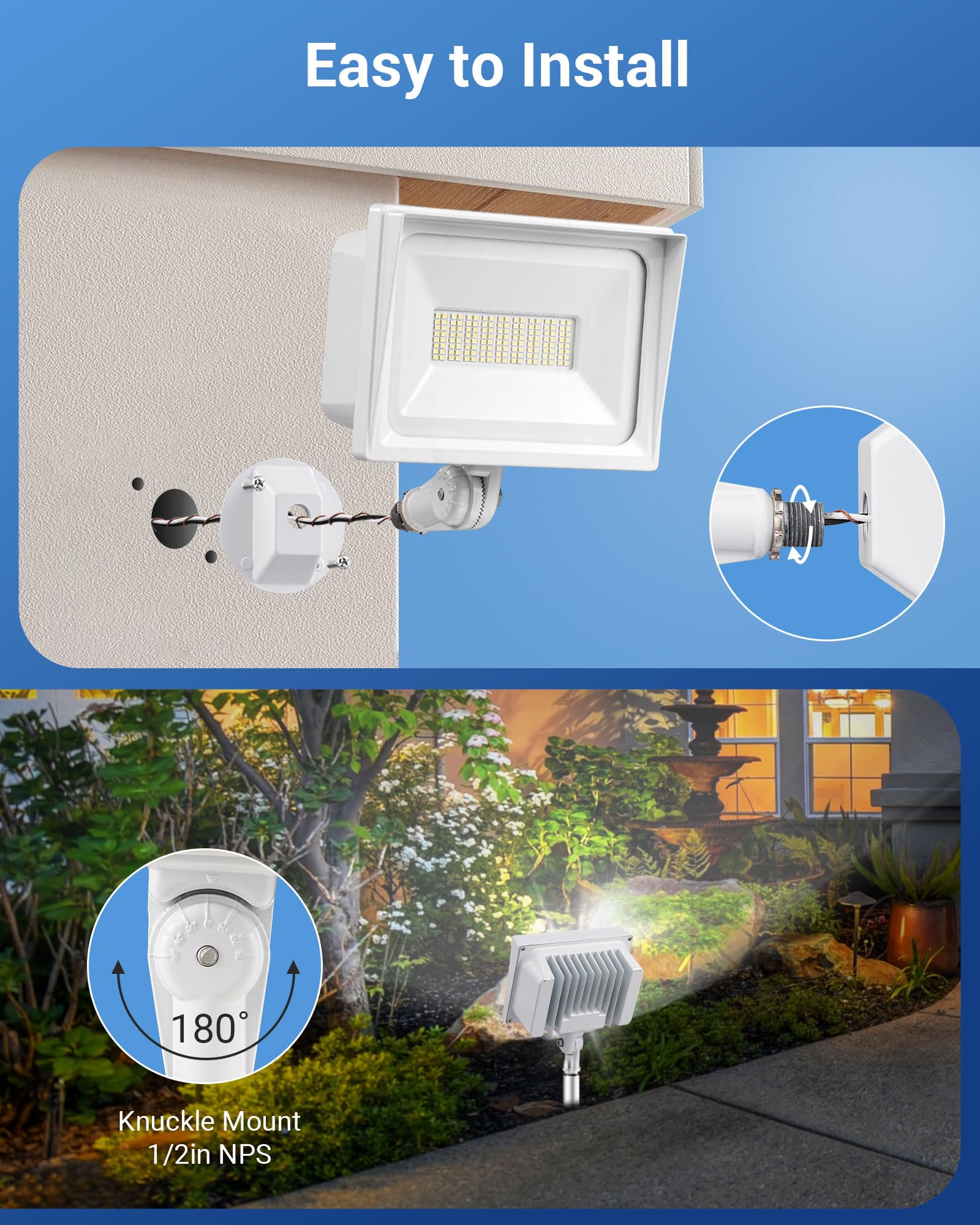 DEWENWILS 2-Pack 65W LED Flood Light, 6670 Lumen, IP65 Waterproof, Adjustable Knuckle Mount, Daylight 5000K, White