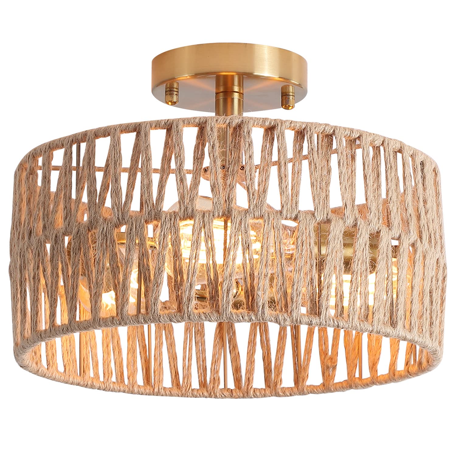 Hchunqjor 3-Light Antique Gold Woven Flush Mount Light Fixture Rustic Coastal Hemp Rope Brass Semi Flush Mount Ceiling Light for