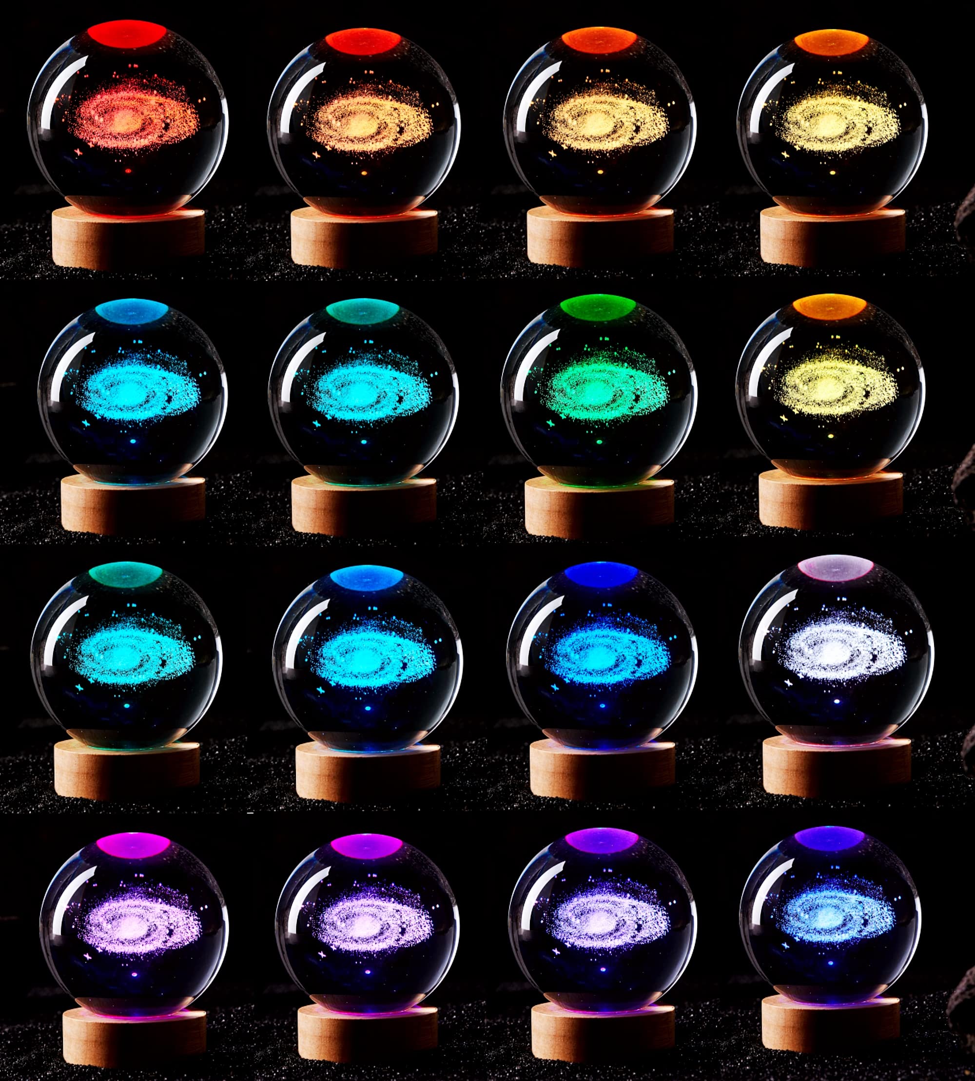 3D Galaxy Crystal Ball Lamp,3.15 Inch K9 Crystal Ball Night Light With Wooden Base,16 Colors Changing Light With Dimmable Remote Control,3D Laser Engraving Holographic Lamp (Galaxy)