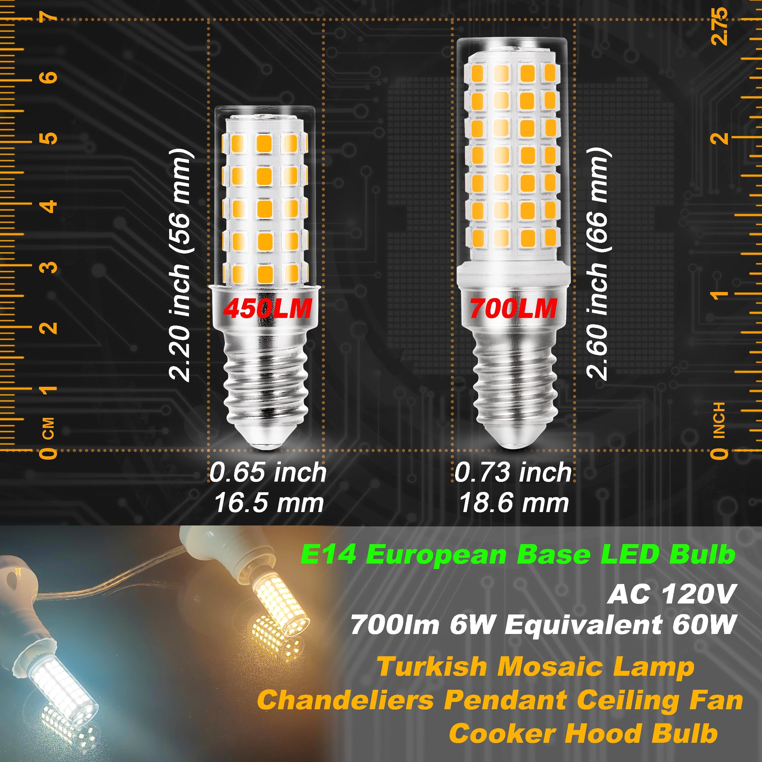 E14 T6 C7 Led Light Bulb 6W Ac120V Warm White 2700K 700Lm Equivalent 60W E14 European Base Led Bulb Replacement Chandeliers Pend
