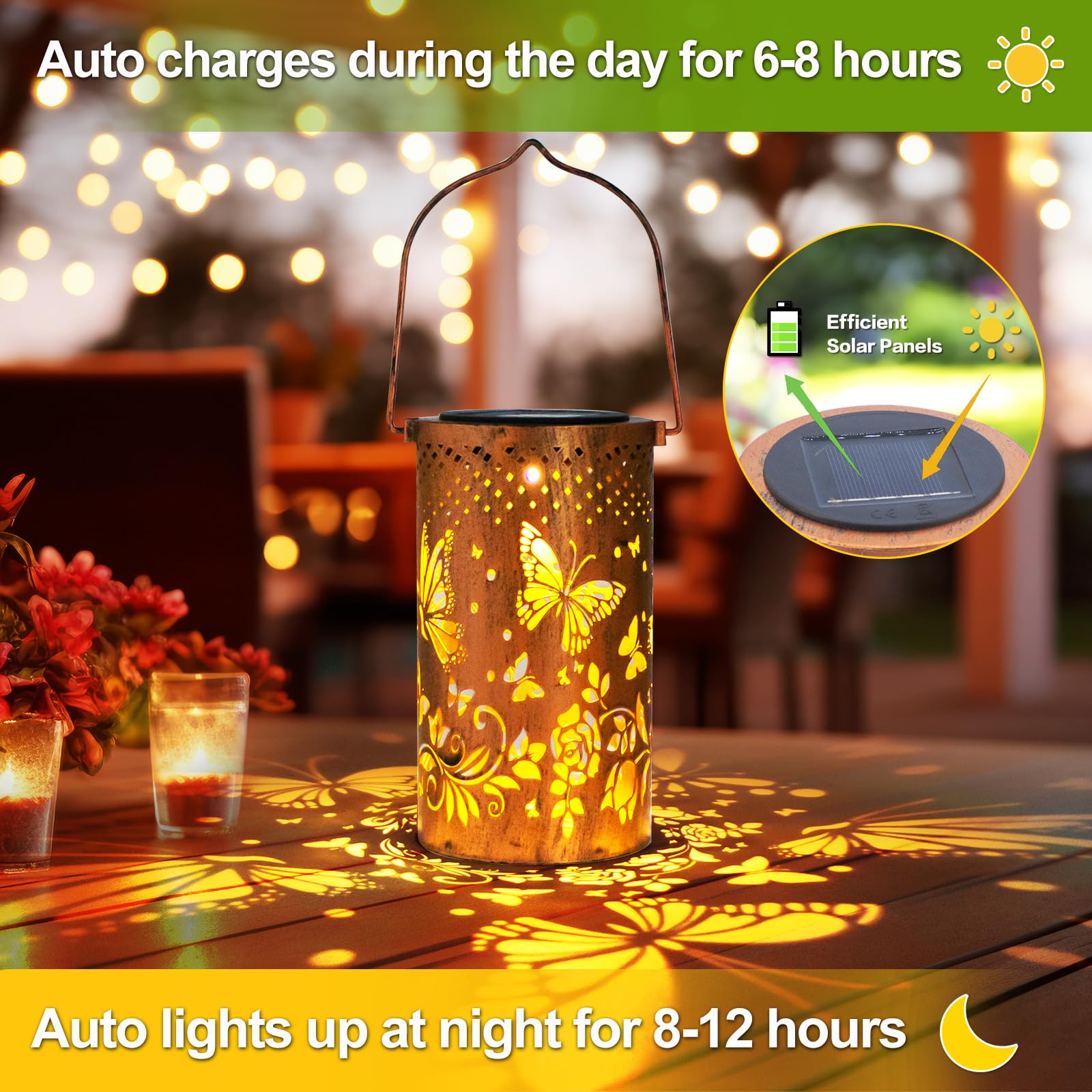 DIBIEECN 2 Pack Butterfly Solar Lanterns - Waterproof Metal Garden Lights, Bronze, Model DL-DOUBLE-02
