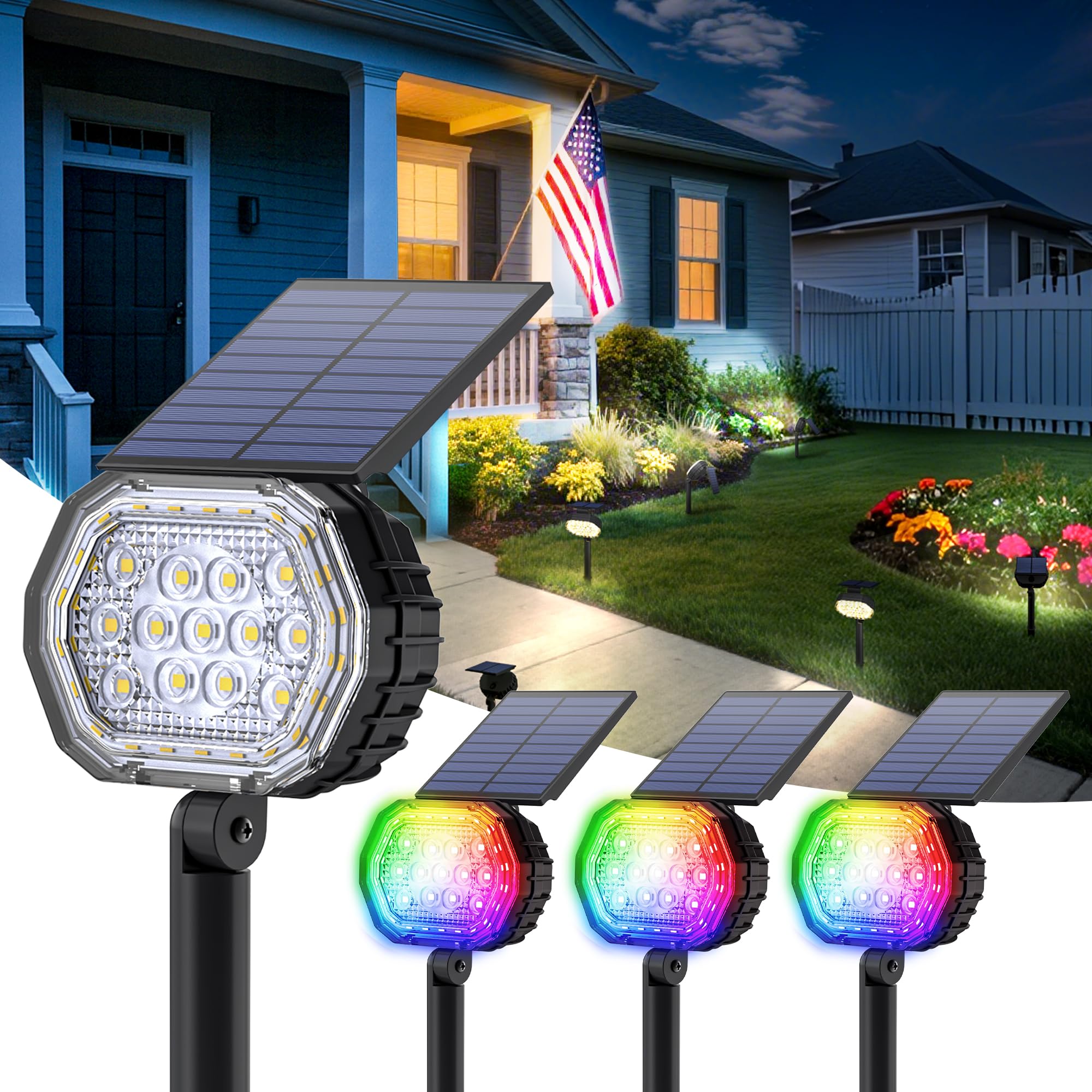 Coozaming Solar Color Spot Lights Outdoor  7 Modes Colored Halloween Christmas Solar Lights Outdoor  35 Led Color Changing Landscape Lighting Waterproof Ip65 Spotlight For Holiday Decorations  4 Pack
