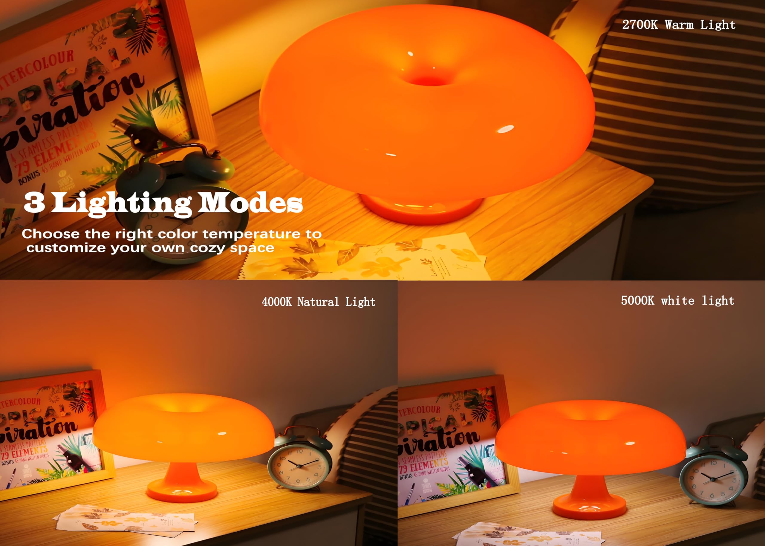 Joanajo Orange Mushroom Lamp Dimmable Mushroom Table Lamp With 3 Lighting Modes Plug Donut 70S Retro Mid Century Lamp For Room A