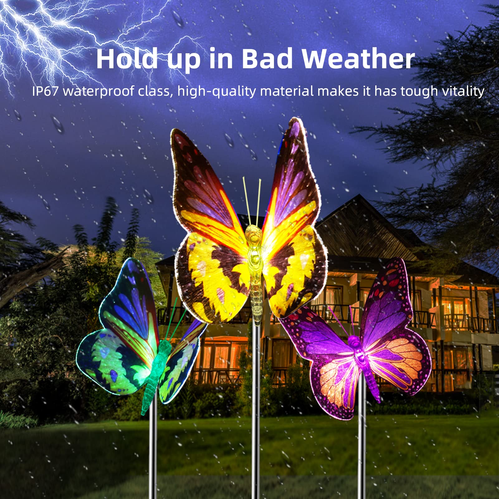 iQYTB Solar Butterfly Lights, 3 Pack Waterproof Color Changing LED Outdoor Garden Stake Lights, Fiber Optic Decoration for Patio Lawn