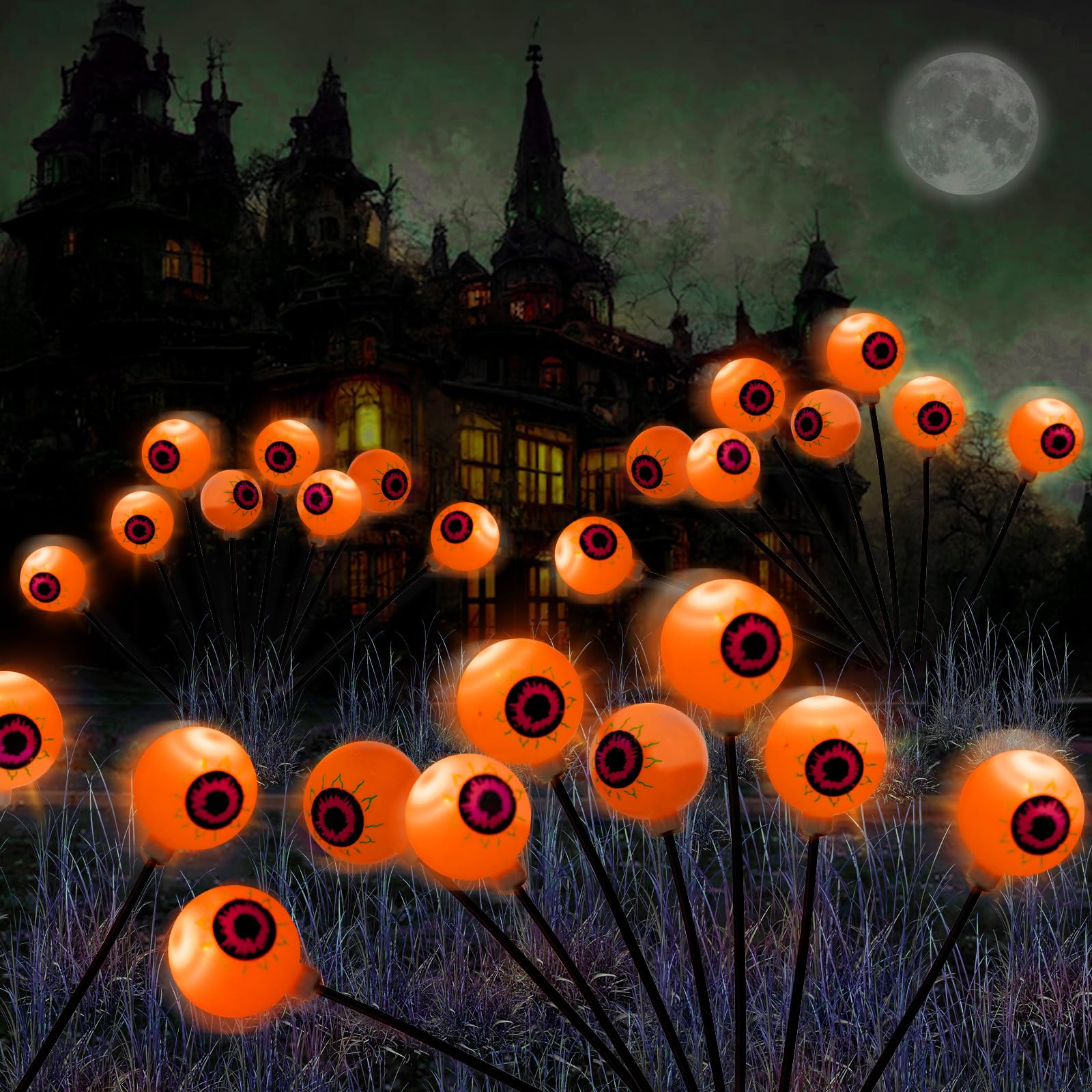 LCHUANG Halloween Outdoor Path Lights - 32LEDs Solar Stake Lights, Waterproof, Orange, Model YQD-048, 4 Packs