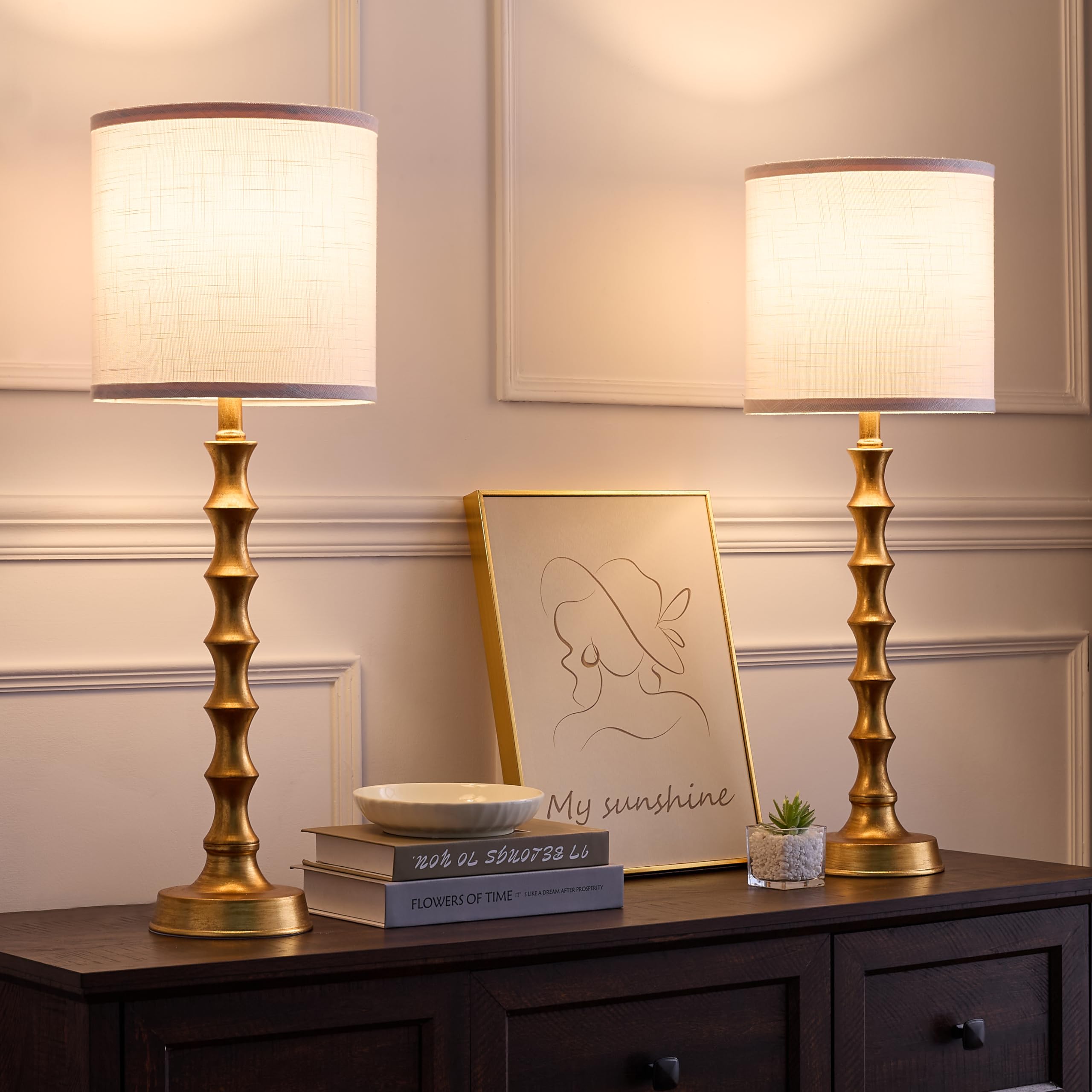 HGNPJC Gold Table Lamp Set of 2 Metal Bamboo Shape Base 29'' Rustic Buffet Lamp with Linen White Shade Tall Nightstand Lamps Bed