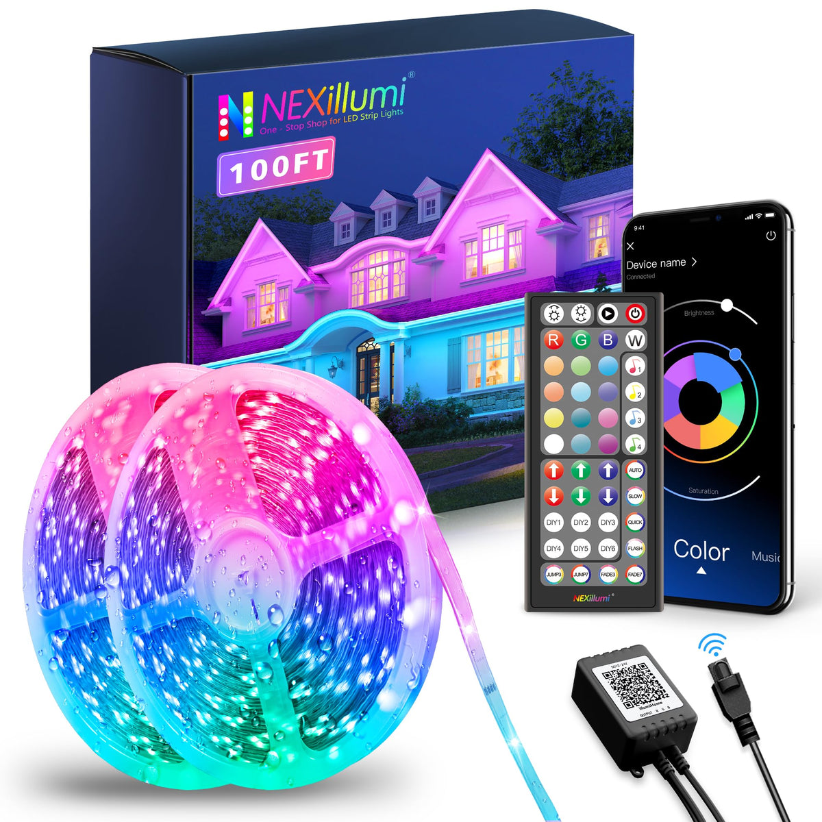 Nexillumi 100ft Waterproof LED Strip Lights with Remote, SMD 5050 Color Changing Music Sync App Control LED Lights for Bedroom, 