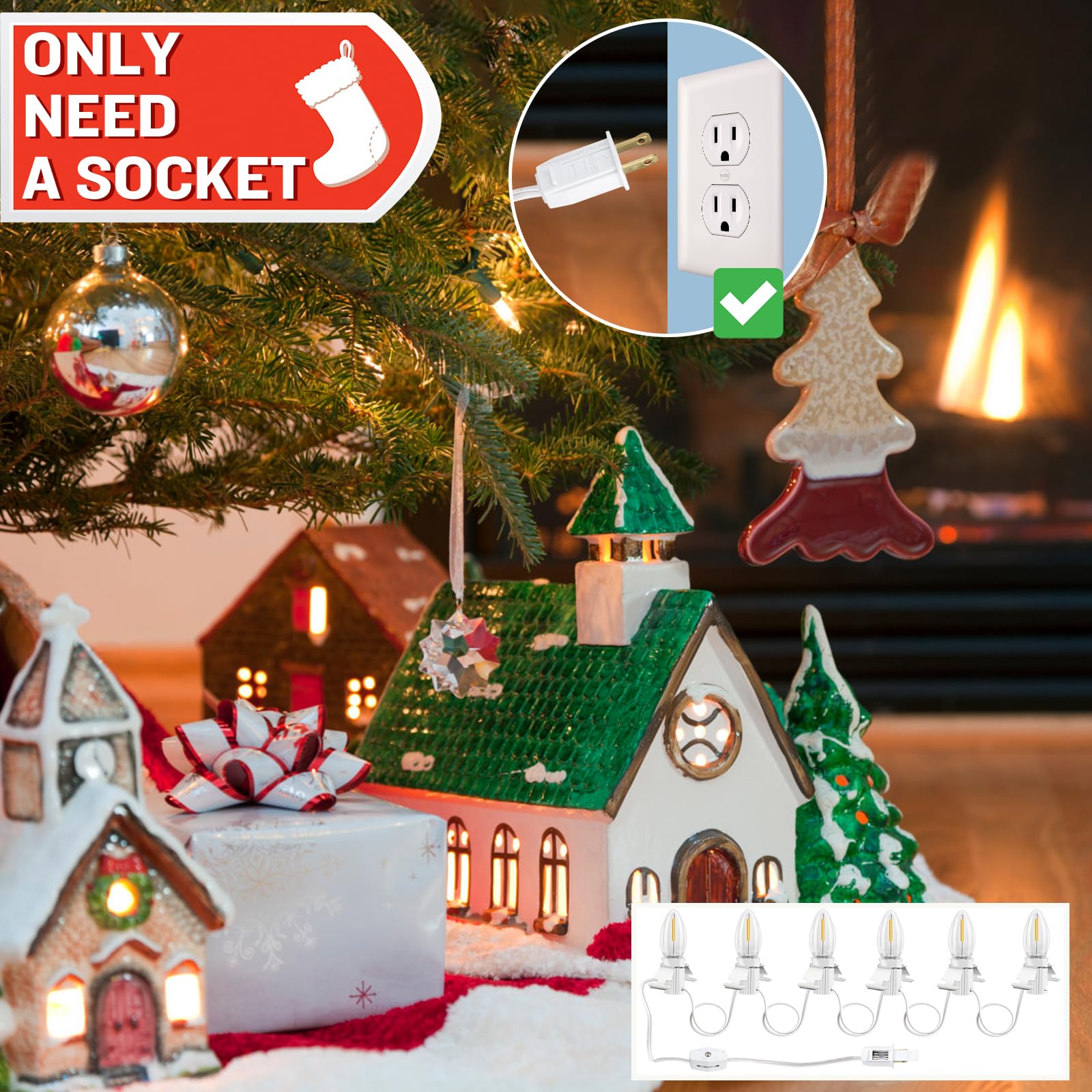 Kzfuli Christmas Village Blow Molded Light Cord 6 Bulb, C7 Led Christmas Village Lights. Length 12 Feet Suitable For Christmas House, Halloween Pumpkin, Salt Lamps,Holiday Lighting Etc(2Pcs)