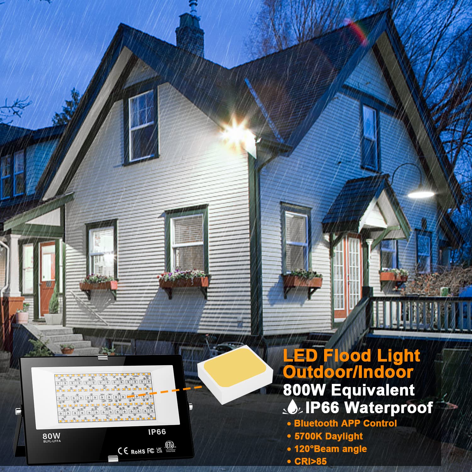 Taptoron LED Flood Light, 800W Equivalent, 8000LM, RGB Color Changing, IP66 Waterproof, 4 Pack, Aluminum, Model BLFL-LFFA