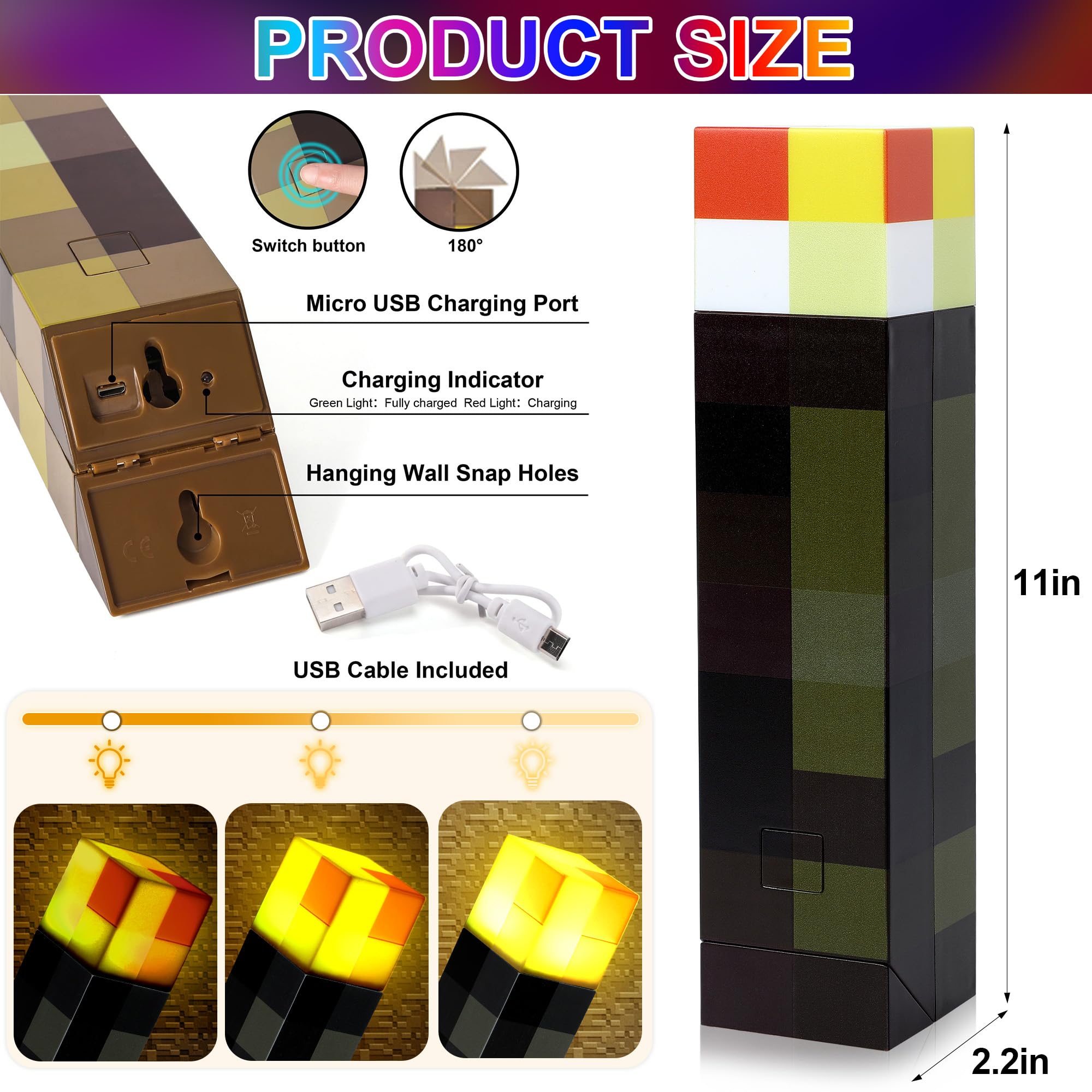 Torch Lamp With Wall Mountable - 3 Lighting Levels Led Night Light, Usb Rechargeable For Nightstand Torch Light, Costume Cosplay