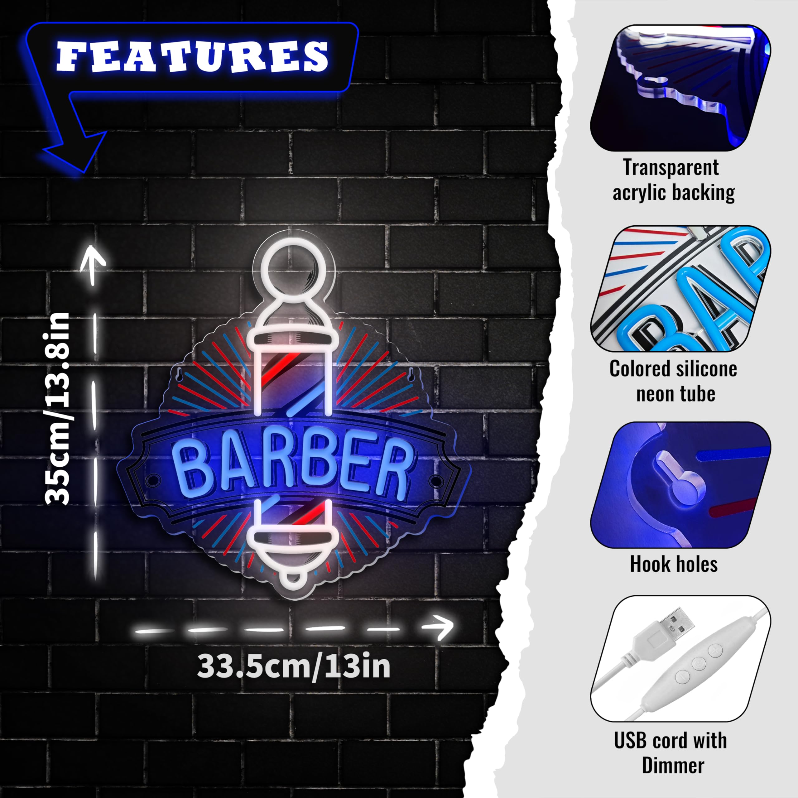 VIKLIU Barber Neon Sign LED Wall Art, 13.8x13.2 inches, Blue Acrylic, Model LFD-UV for Barber Shops & Hair Salons