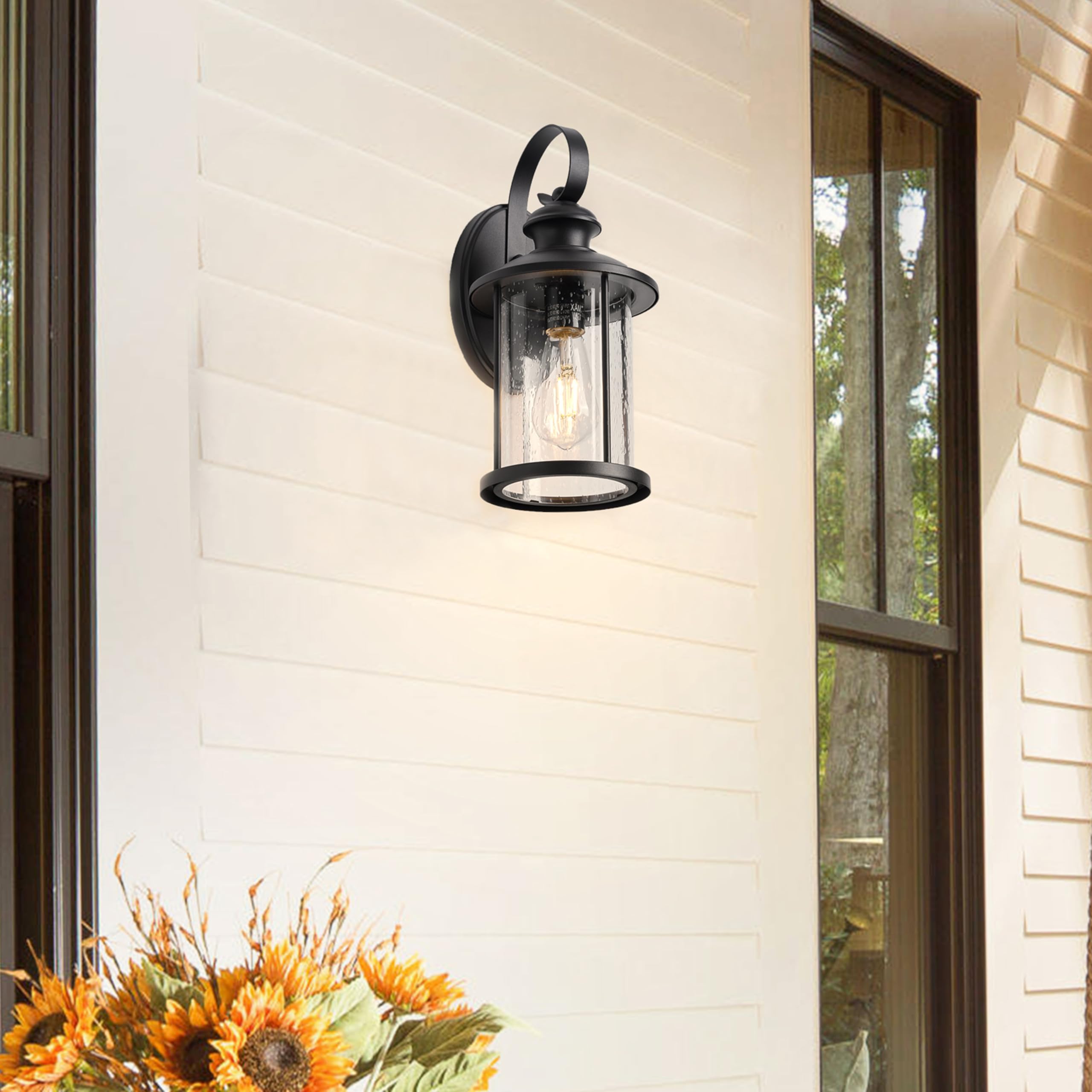 Micsiu Matte Black Outdoor Porch Light Wall Mount, Clear Seedy Glass Exterior Wall Sconce Lighting, 13.75 Inch Outside Light Fxt