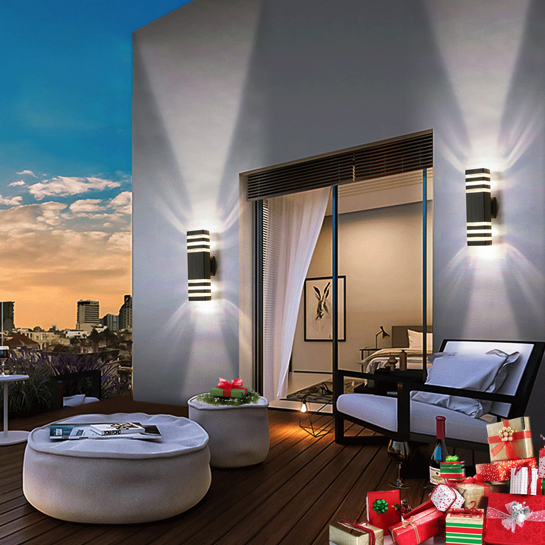 Tewei 3-Layer Black Outdoor Wall Light Fixture, Ip65 Waterproof Sconce, Warm White 3000K, 2 Pack