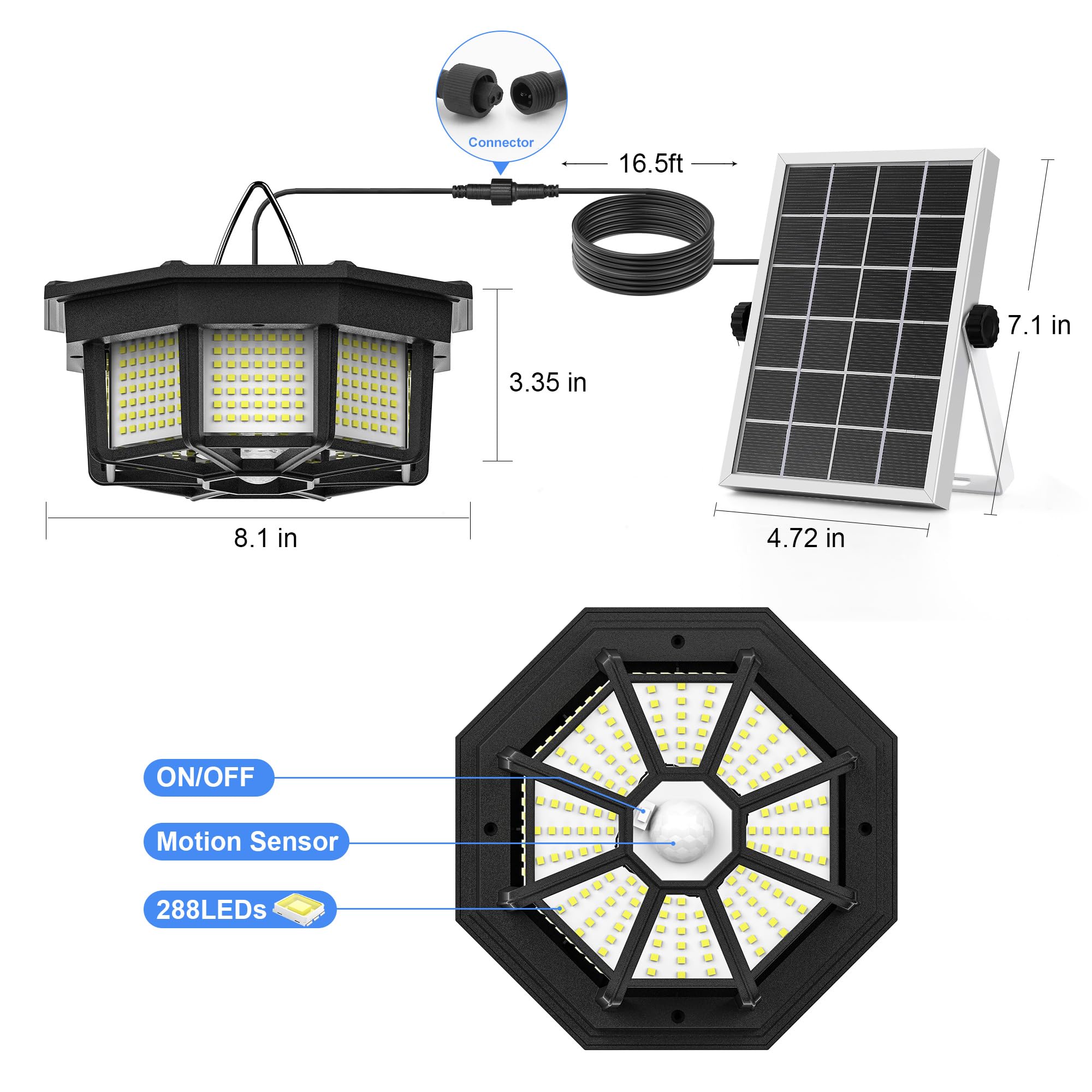 Uooiumoy Solar Shed Light Indoor Outdoor 1200Lm Solar Powered Pendant Daywork Light 288Led 8-Faces Lighting Motion Sensor With 5