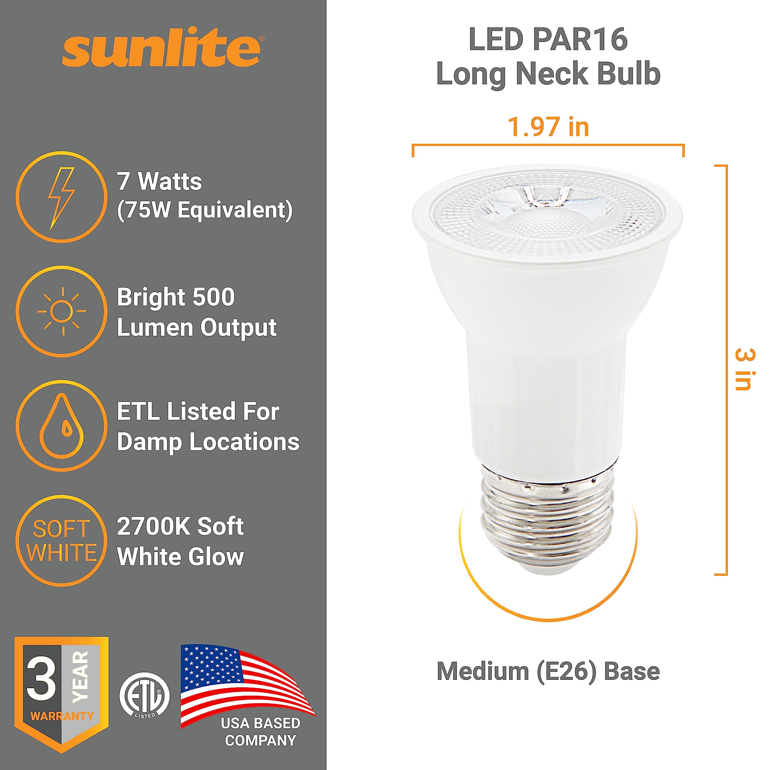 Sunlite Led Par16 Long Neck Recessed Spotlight Bulb, 7 Watt, (75W Halogen Replacement), 500 Lumens, Medium (E26) Base, Dimmable,