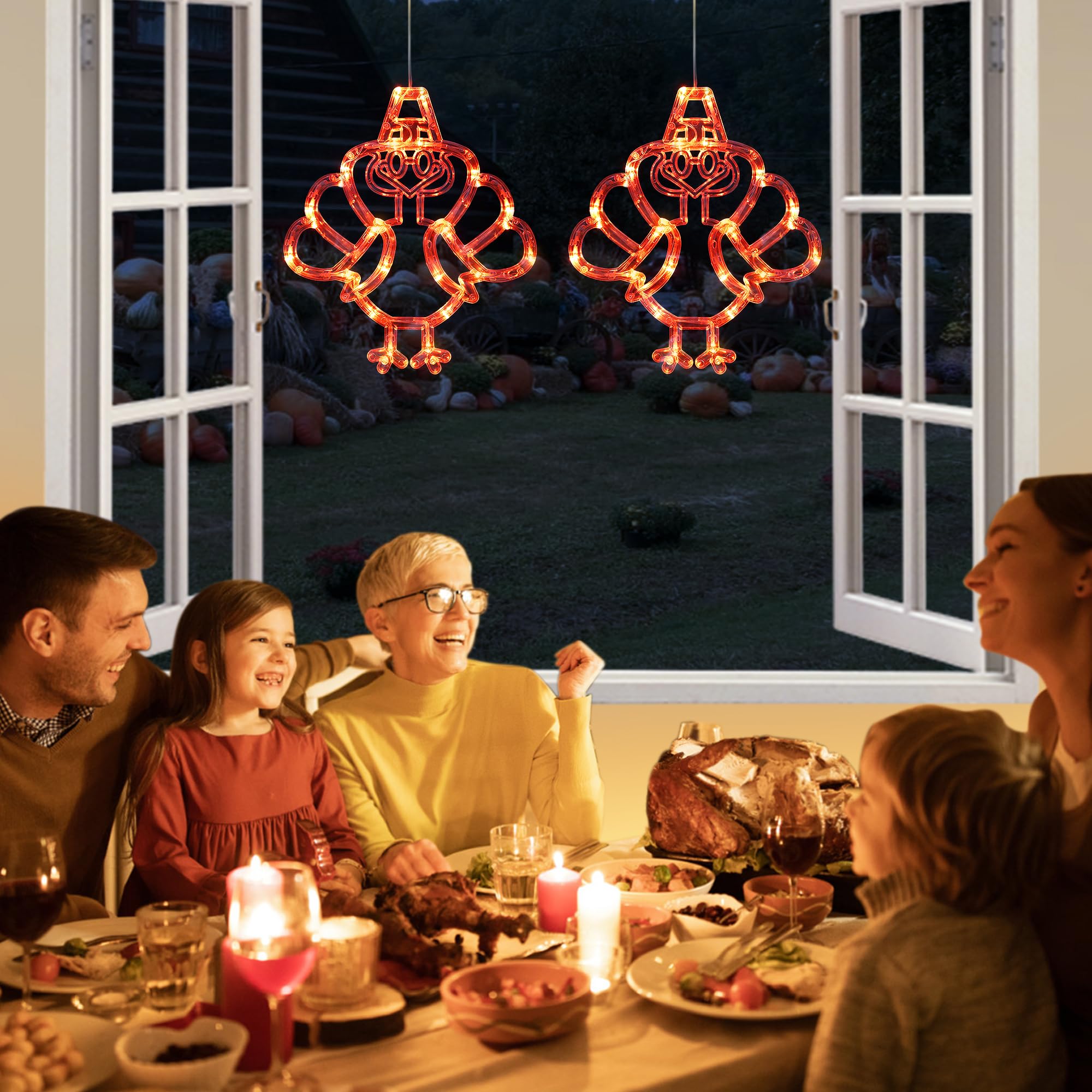 [Timer] 3 Pcs Thanksgiving Turkey Decorations Window Lights, Battery Operated Thanksgiving Lights With Suction Cup, Turkey Lights Thanksgiving Decorations For Home Indoor Thanksgiving Party Decor