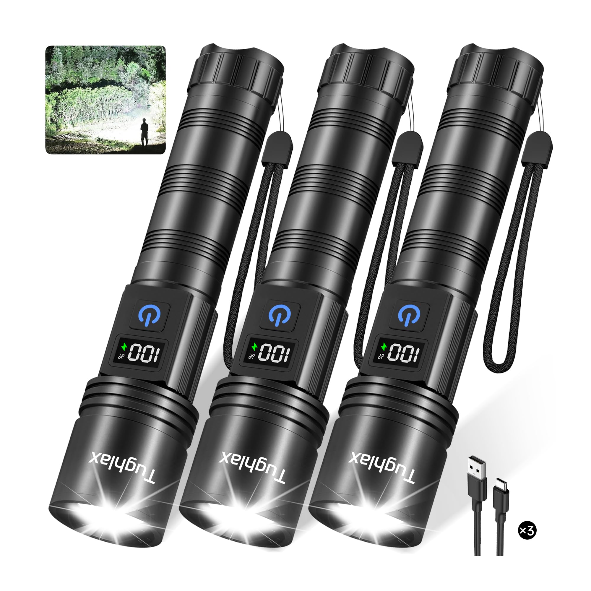 3Pack Rechargeable Flashlights High Lumens 9900LX  Super Bright Flashlight with LCD Digital Display  5Modes Adjustable LED Flashlight Tactical Flashlights High Powered  Flash Lights for Emergency