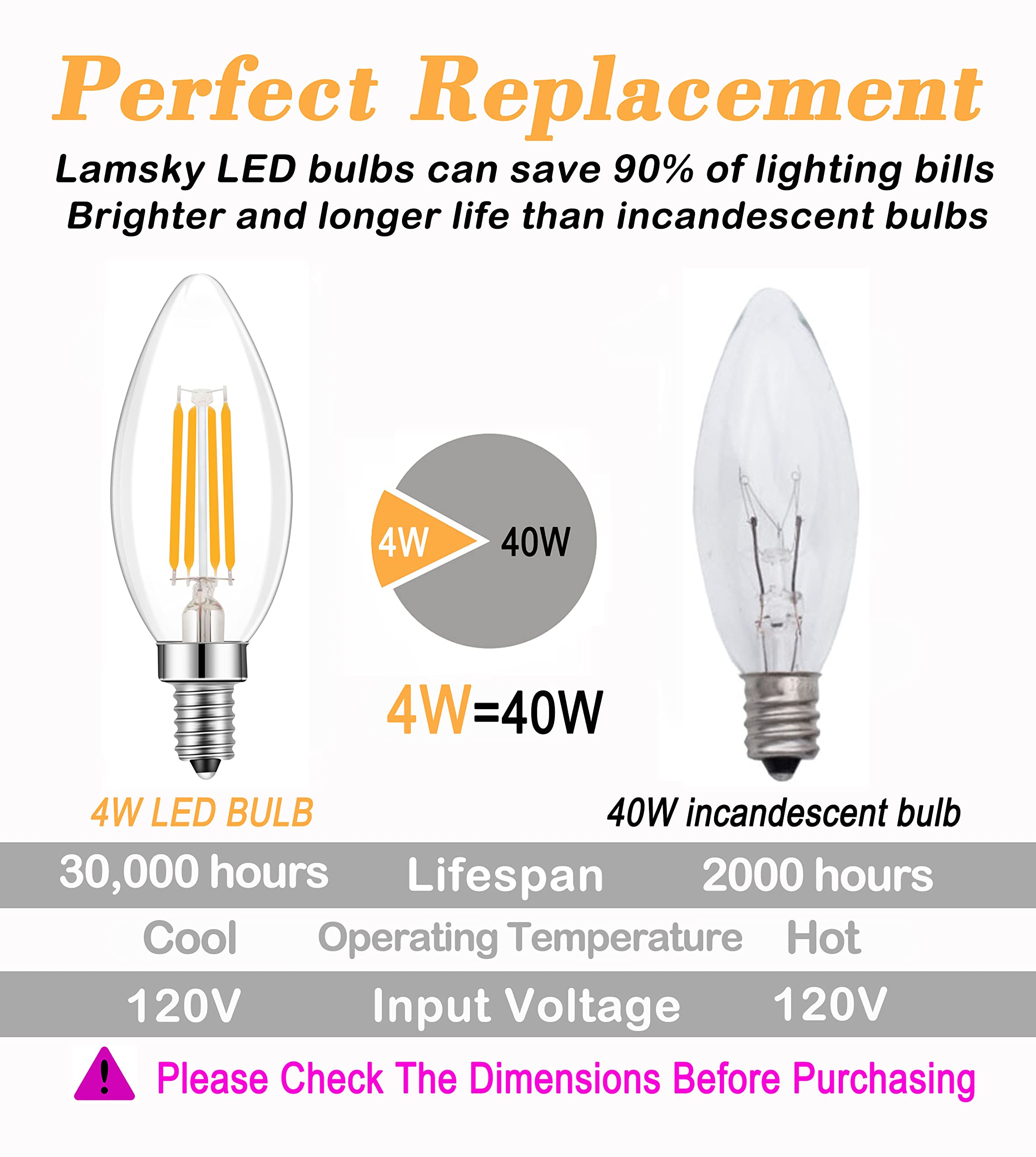 Lamsky E14 LED Dimmable Bulb, 400LM 40W Equivalent, 4000K Neutral White, C35 Clear Vintage, 6-Pack