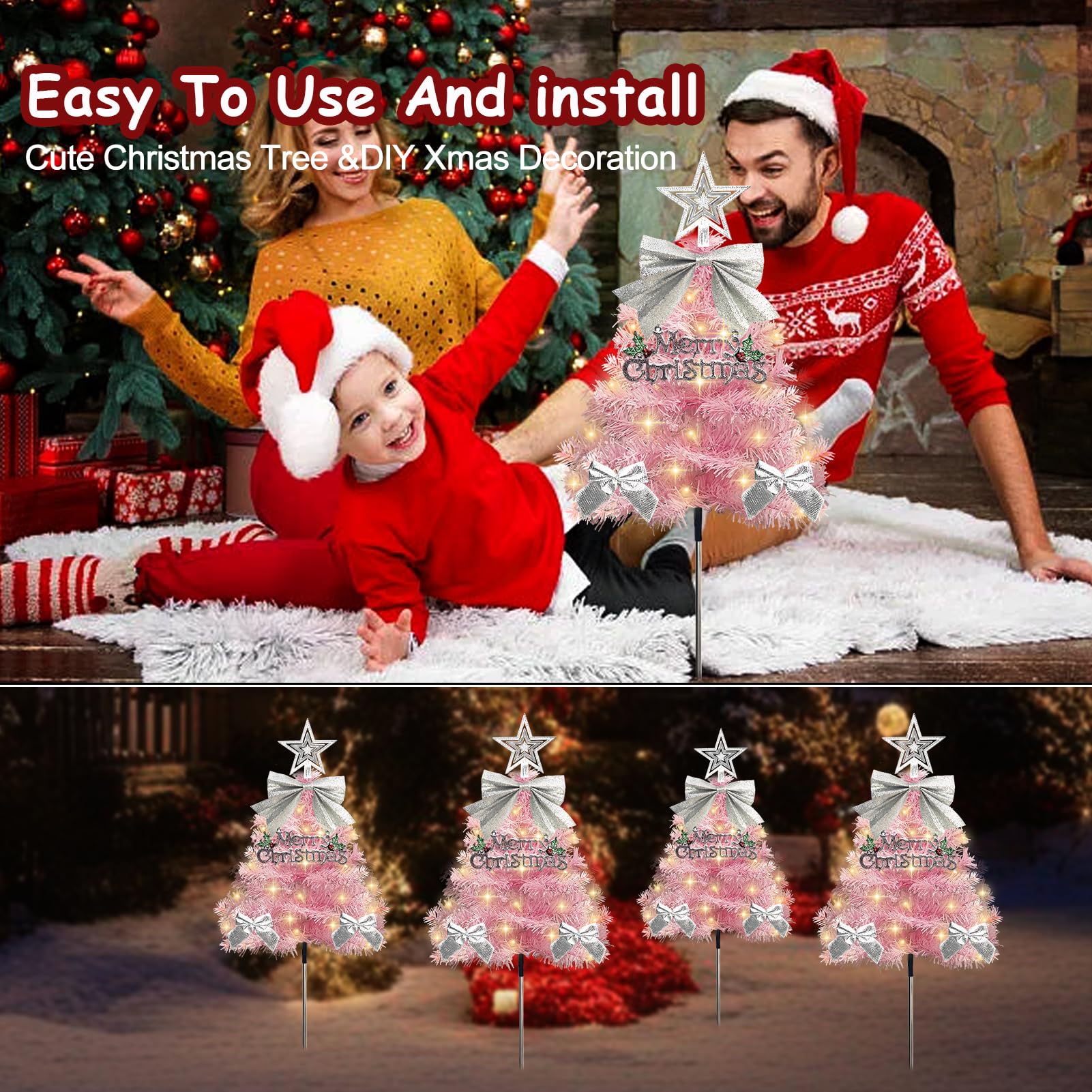 4 Pack Christmas Tree Solar Pathway Lights Outdoor Decorations  Waterproof Artificial Mini Xmas Tree Stake Lights With Diy Ornamets For Garden Yard Porch Decor (Pink Tree)