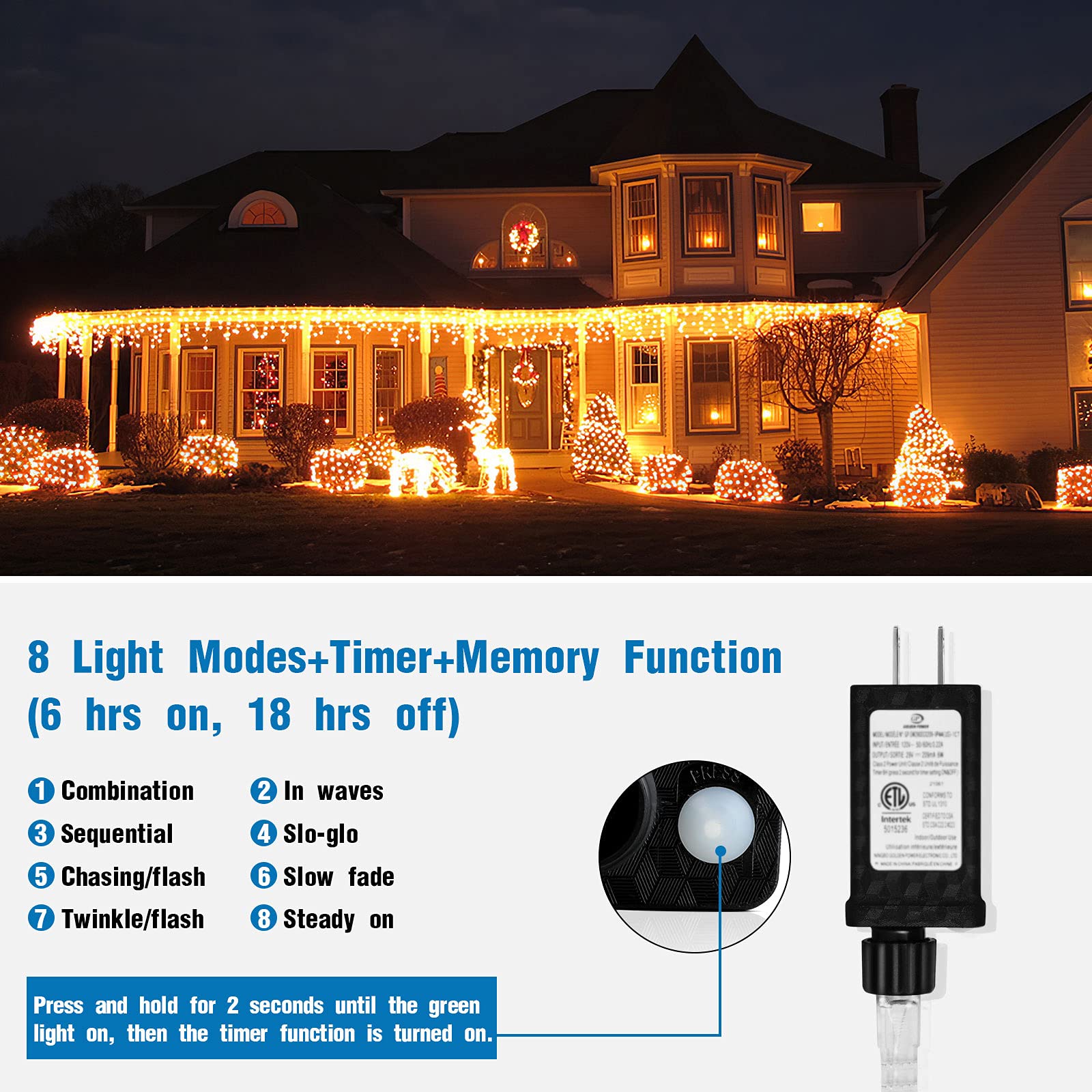 32.8Ft 400 Led Icicle String Lights, 8 Modes Waterproof Icicle Christmas Lights Outdoor With Memory Function, Curtain Fairy Ligh