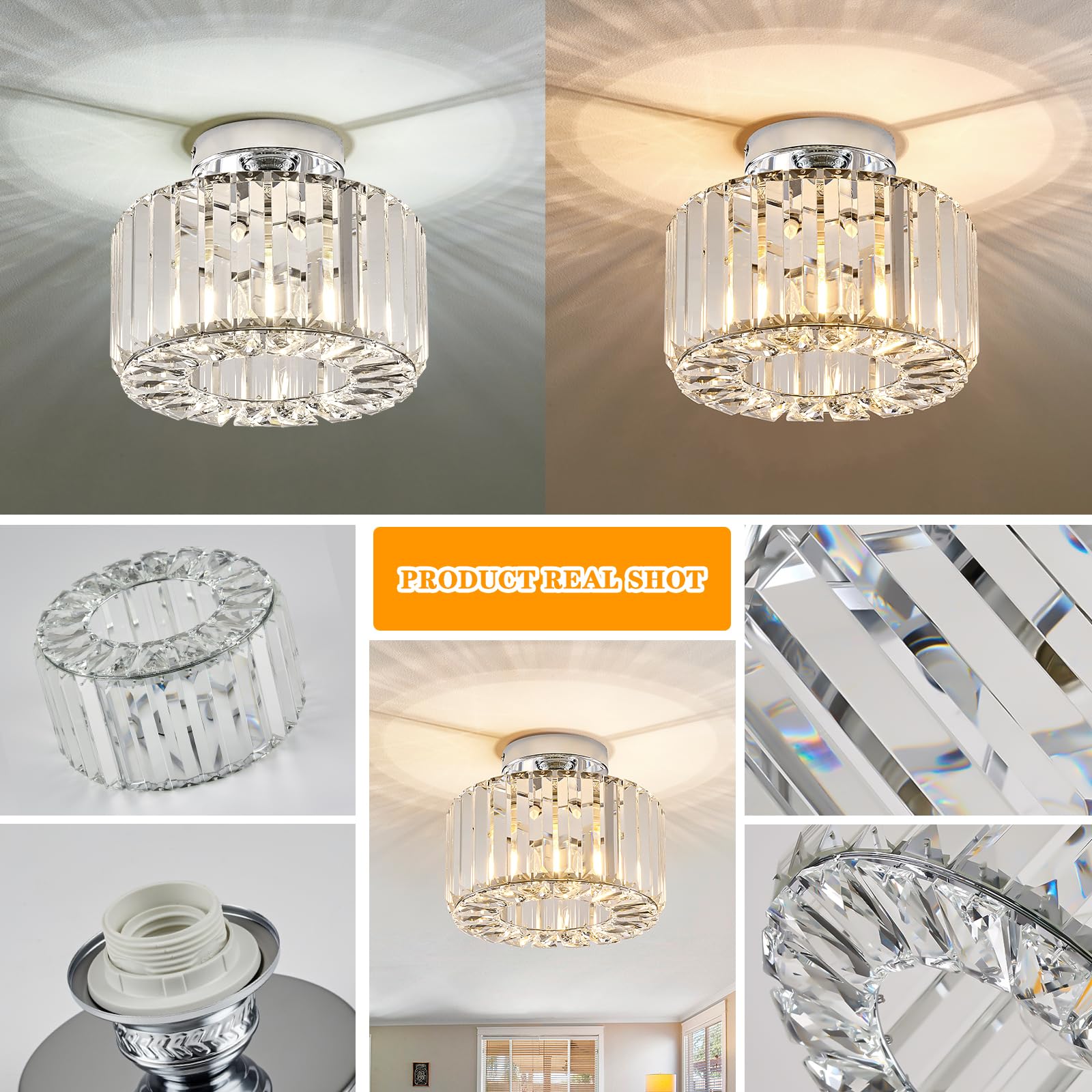 Buxvrcs Silver Crystal Chandelier - Modern Semi Flush Mount Ceiling Light Fixture For Kitchen, Bedroom, Living Room & More (Silv