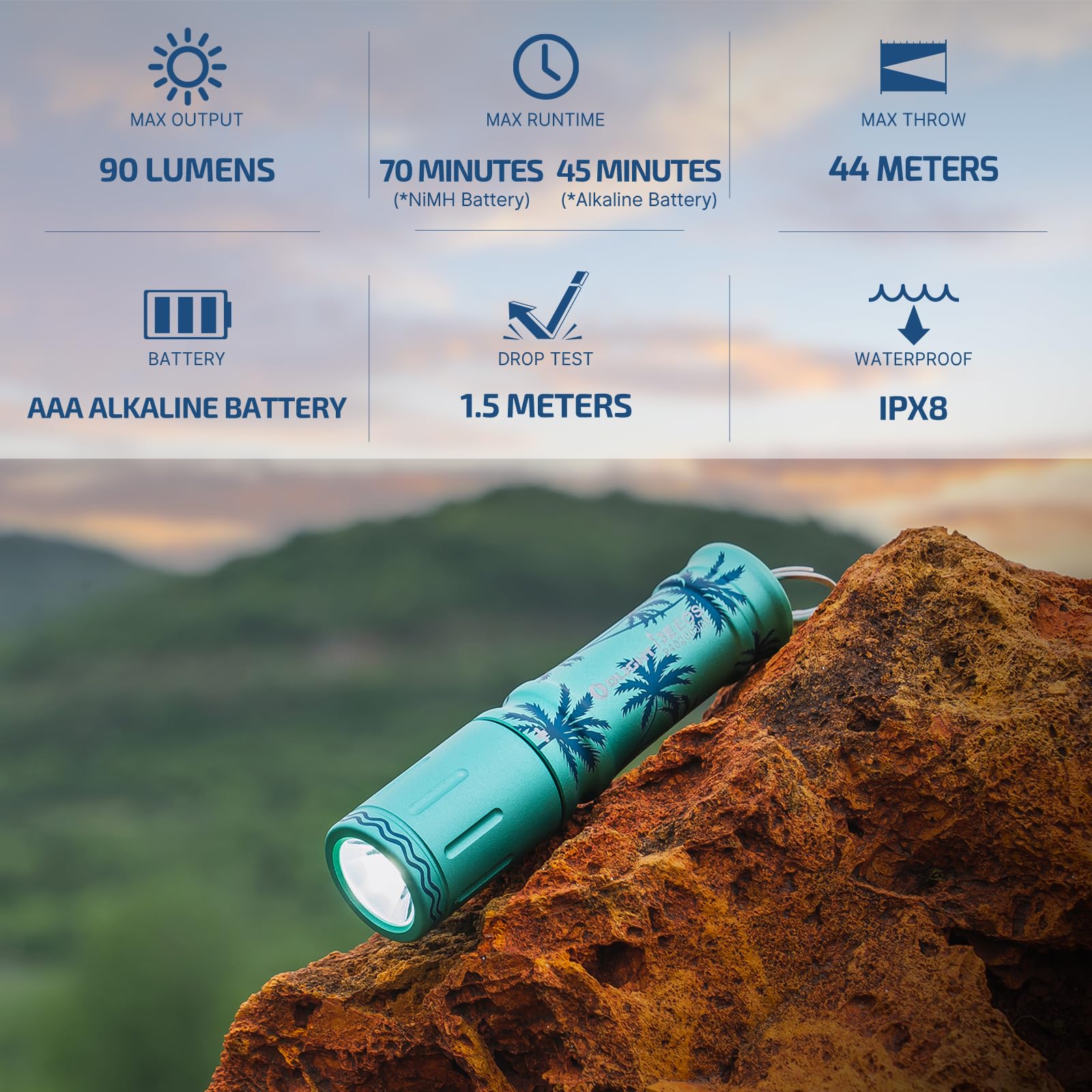 OLIGHT i3E EOS Flashlight, 90 Lumens, Mini Size, Aluminum, Summer Palm Color, Model I3E-SMP-300000