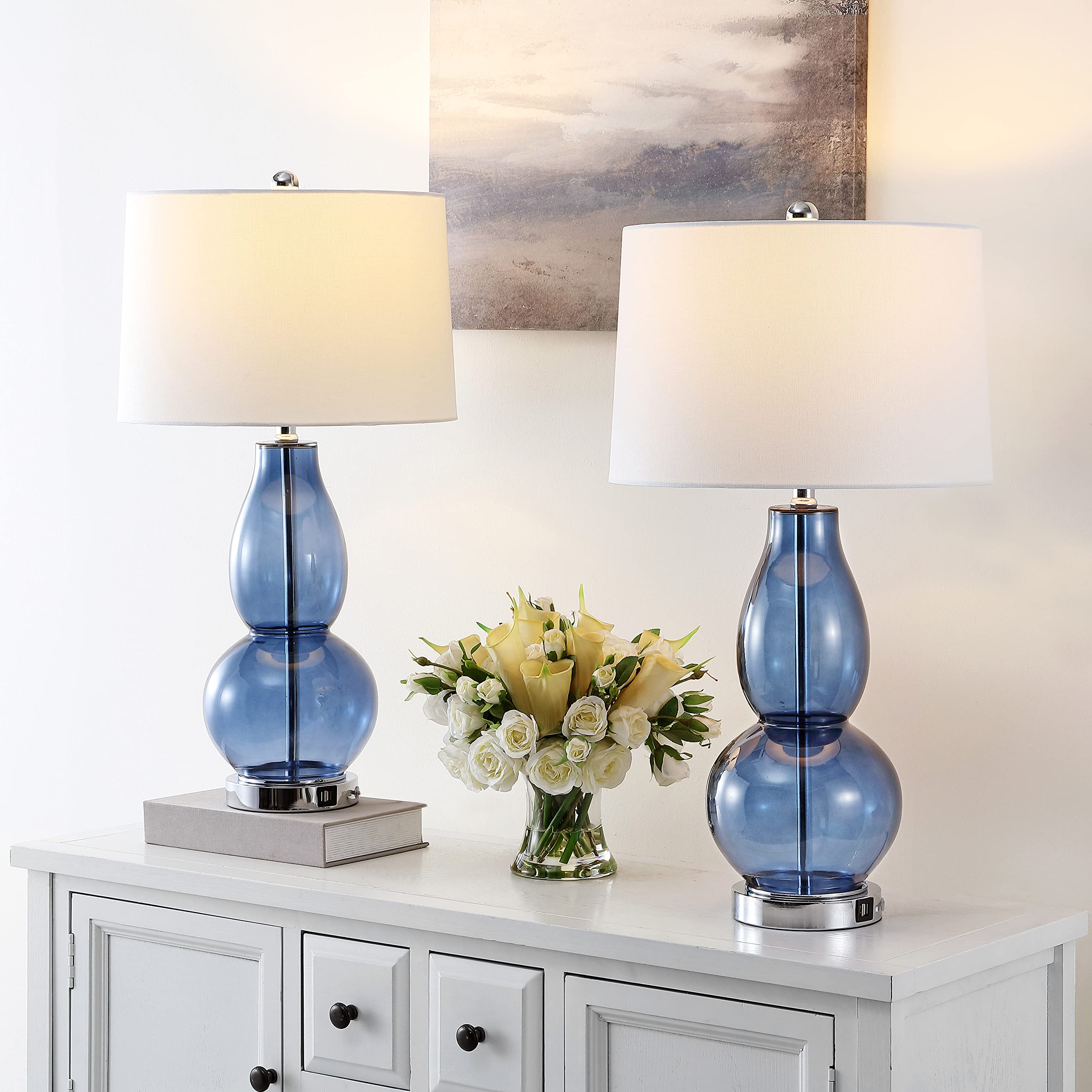 Safavieh Lighting Collection Mercurio Blue Glass Double Gourd 28-Inch Table Lamp Set Of 2 With Usb Charging Port (Led Bulbs Incl