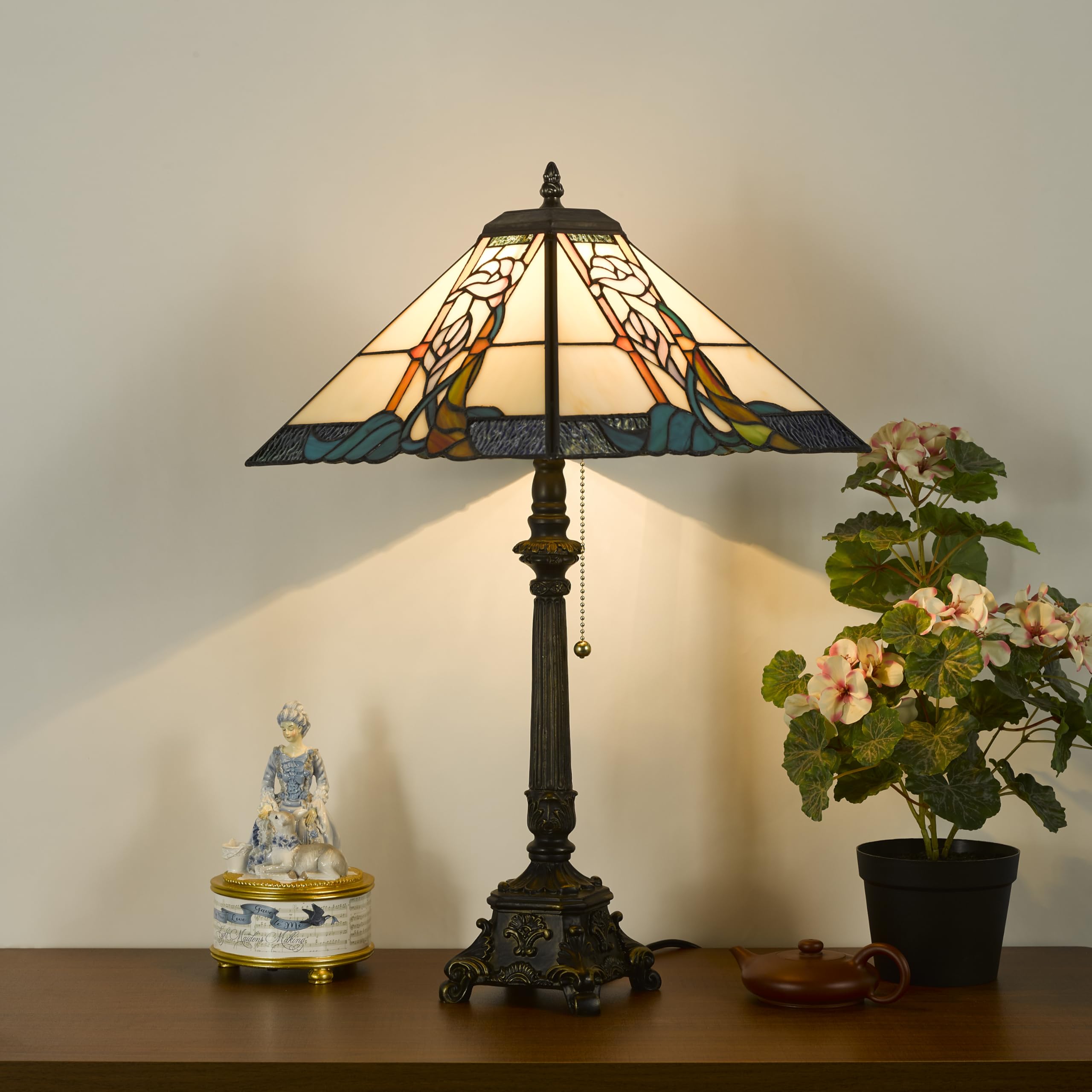SYLW Tiffany Table Lamps Milky White Stained Glass Bugle Flowers Style Mission Desk Lamp 12X12X24 Inch Bronze Resin Base