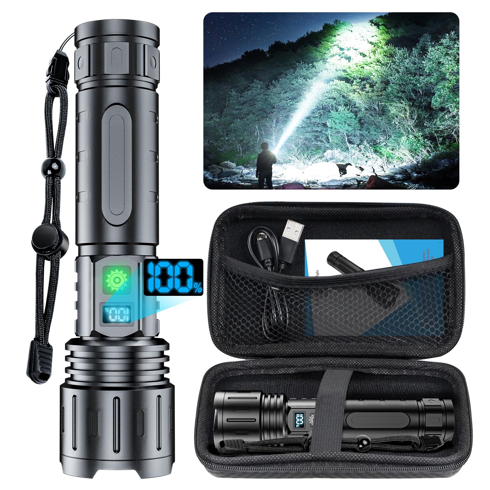 Hoxida K2302 Rechargeable Flashlight 20000 High Lumens 1500m Beam IPX5 Waterproof Aluminum 20H Runtime 5 Modes Zoomable