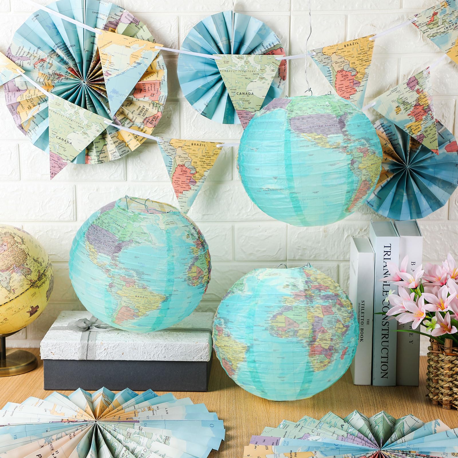 Tujoe 19 Pcs Map Classroom Decorations Travel Themed Party Decorations Globes Hanging Paper Lantern Fans Triangle Flags Banner For Home Earth Chinoiserie Theme Party(Green)