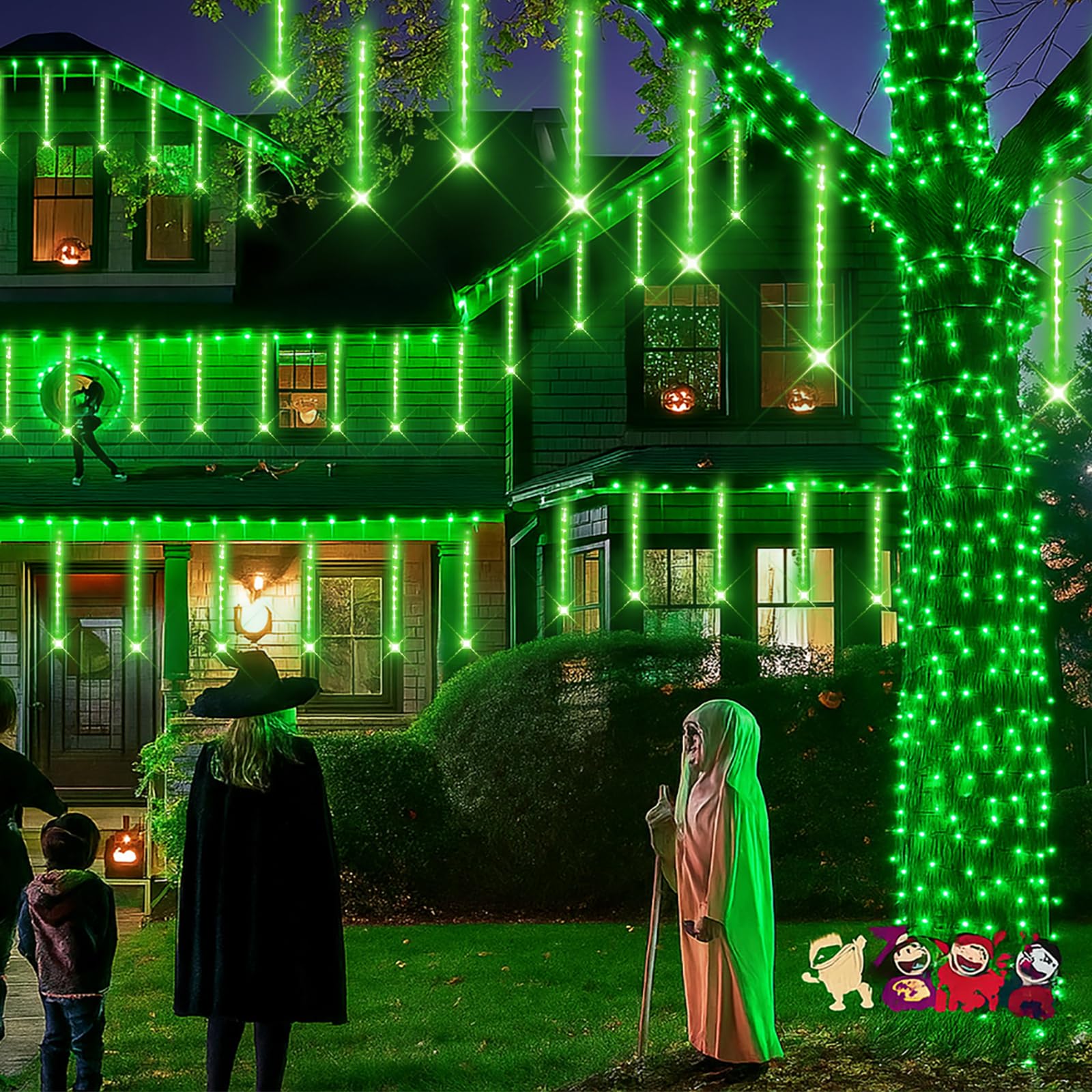 Kwaiffeo Green Icicle Lights, 16 Tubes Meteor Shower Lights(Equivalent to 2 Sets of 8-Tube) for Halloween Christmas Decorations 