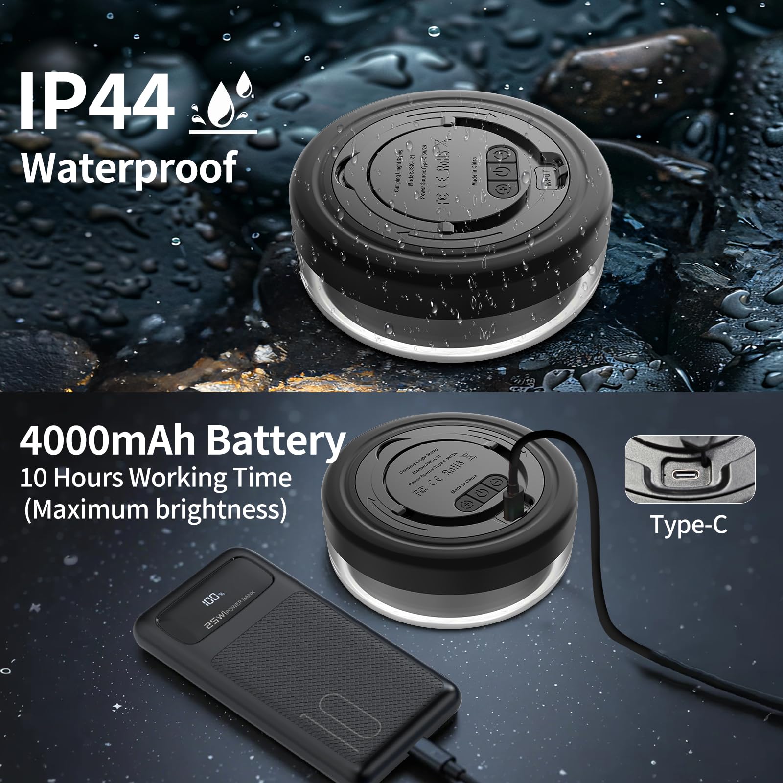 KEIWRLIGHT Camping String Lights 32.8FT, 14 Lighting Modes, IP44 Waterproof, 4000mAh Battery, Black, Model JSK-L21