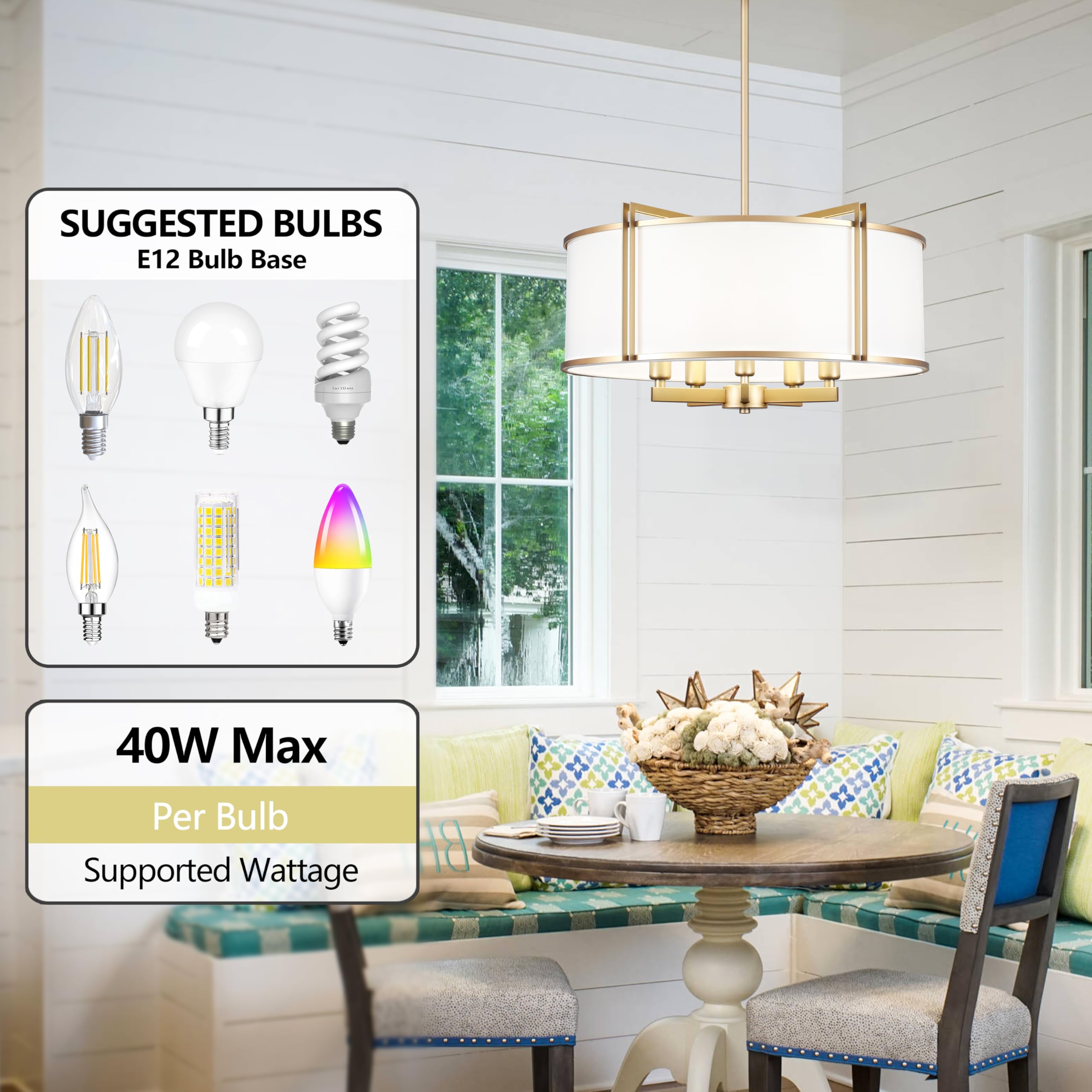 CWarmozy 19.6'' Gold Drum Chandelier - 5-Light Modern Fabric Pendant Light Fixture for Dining Room, Kitchen Island, Living Room, Bedroom