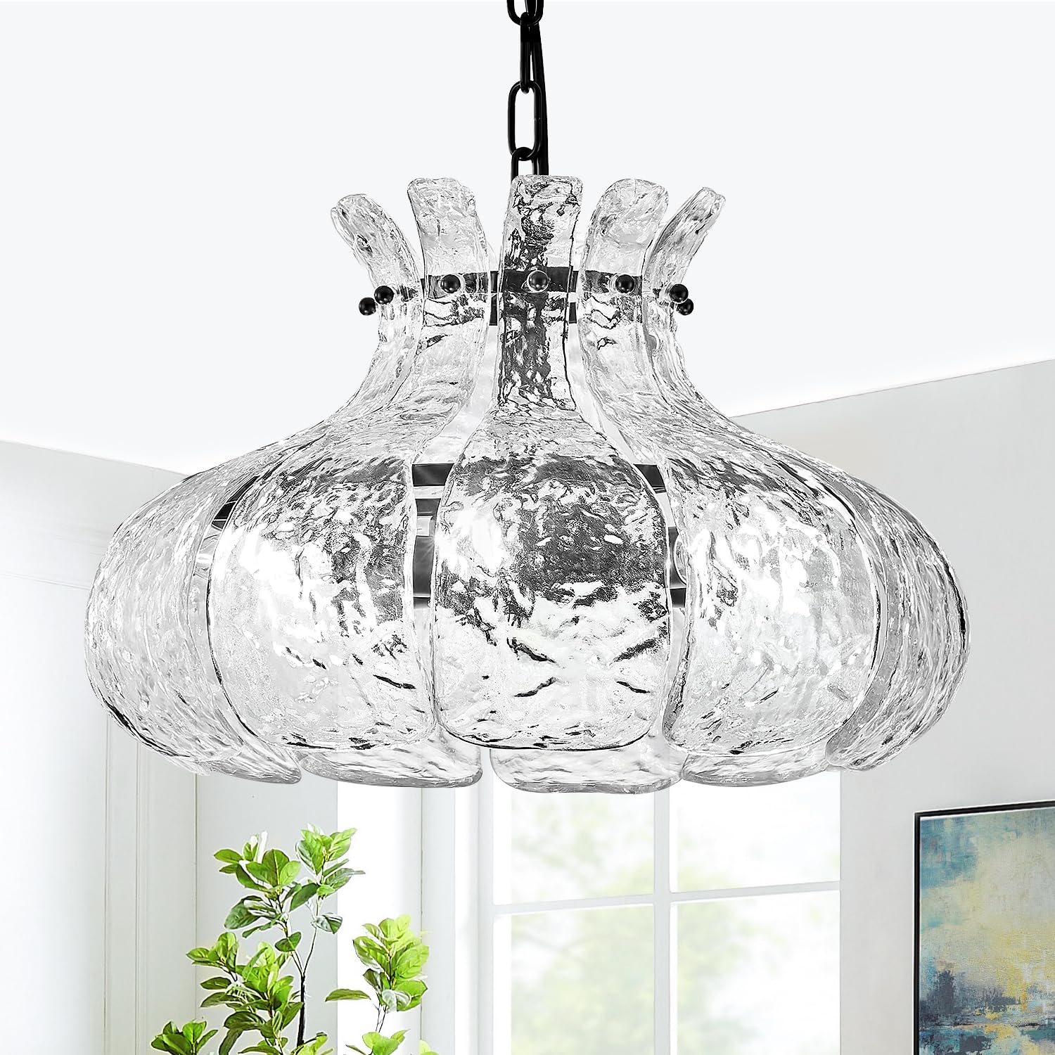 Poemoon Black Glass Chandelier 6-Light Water Ripple Glass Pendant Lighting Luxury 15.7'' Hanging Light Fixture For Dining Room,K