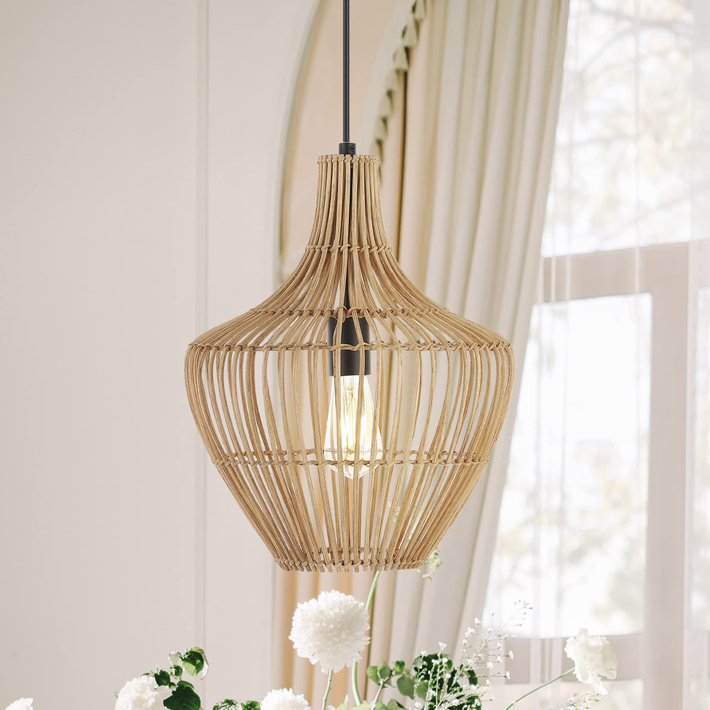 JONATHAN Y 1-Light Rattan Pendant Light, 13in Adjustable, Modern Farmhouse, Brown, Model JYL1406A