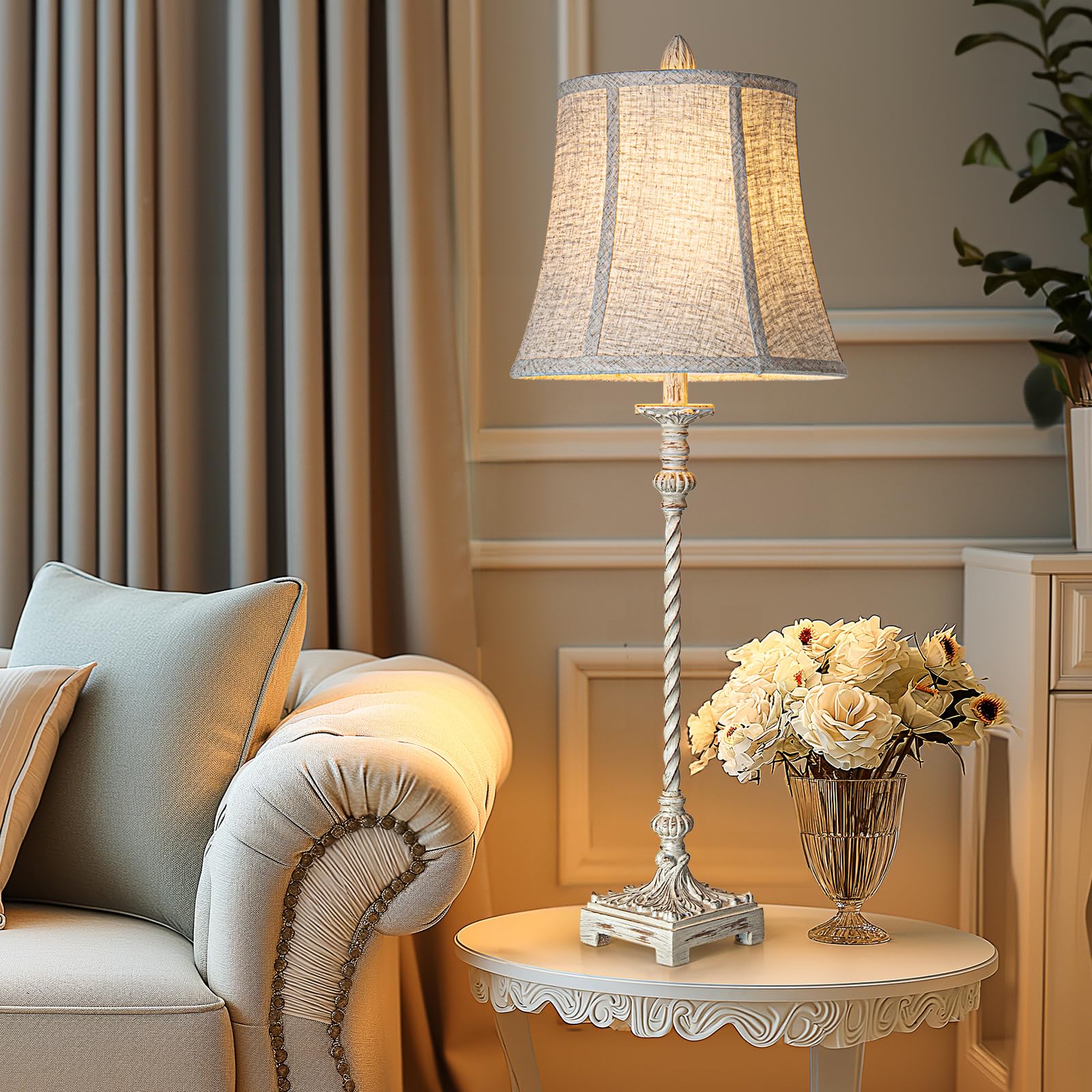 LuxSight Vintage Candle Stick Buffet Table Lamp, 33'' Tall, Ivory White Linen Shade, Stepless Dimming for Living Room & Bedroom