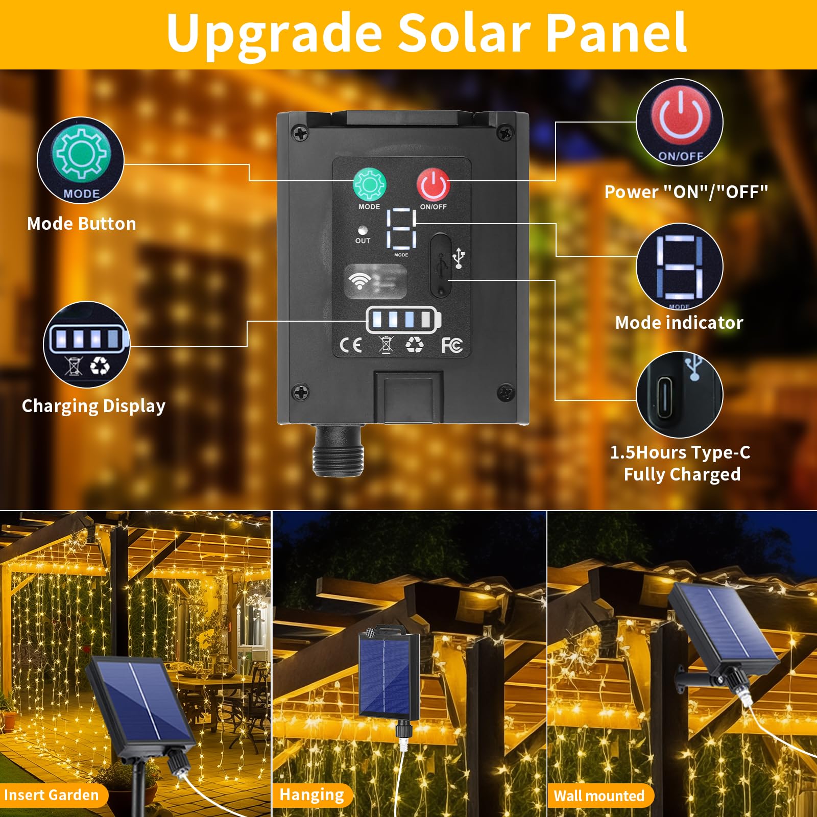 RCNDJE 600LED Solar Curtain Lights Waterproof, 20FT, Warm White, Model RJ-240, Remote Control, 8 Modes, USB Rechargeable