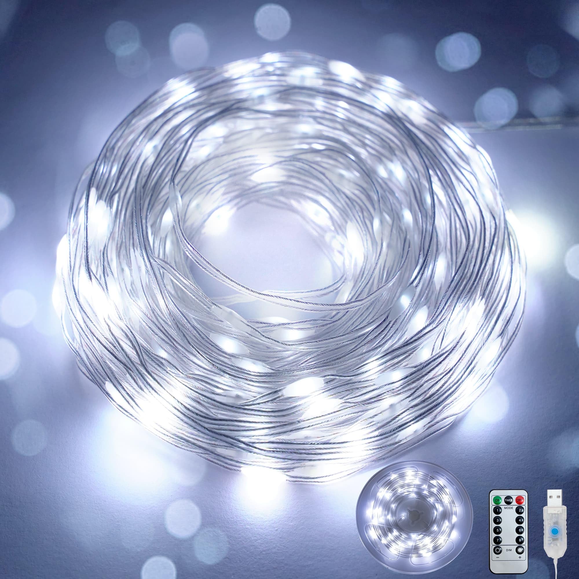 Fairy Lights 40 FT 100 LED USB Twinkle String Lights Plug in Lights with Remote and Timer 8 Modes Waterproof Silver Wire for Bed
