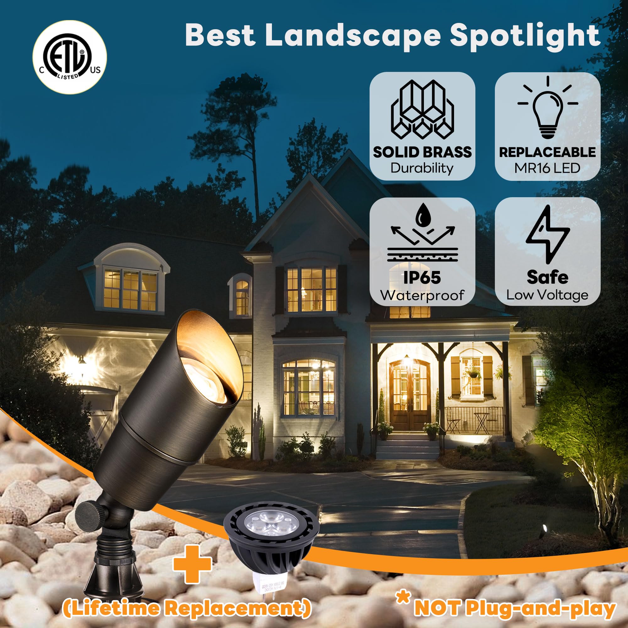 Gardenreet Brass Landscape Lighting - 12V Waterproof Spotlights, 5W MR16 Bulb, 4-Pack, Antique Bronze