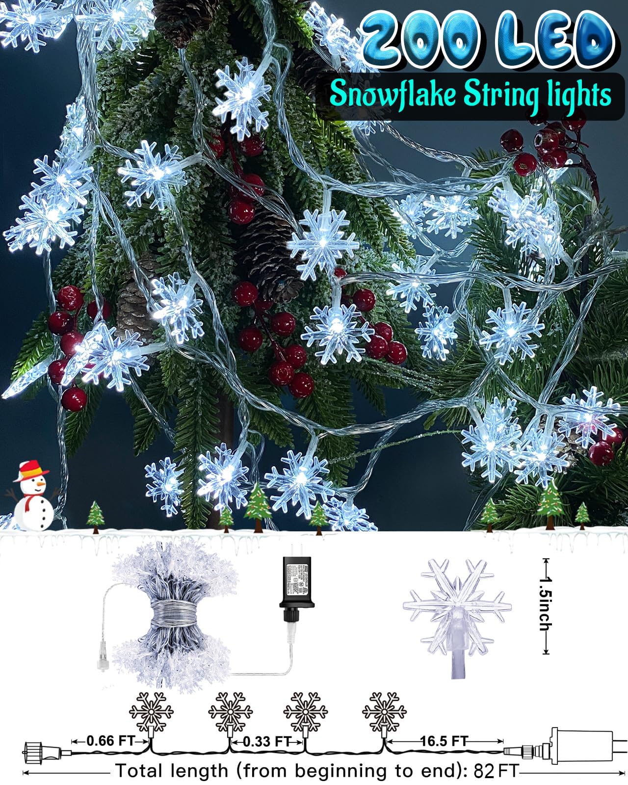 Christmas Snowflake String Lights Outdoor, 200 Led 82Ft Icicle Lights Waterproof With 8 Modes Timer Xmas Decorations, Plug In Fairy Lights For Curtain, Eaves, Window, Party, Tree, Garden, Yard- White