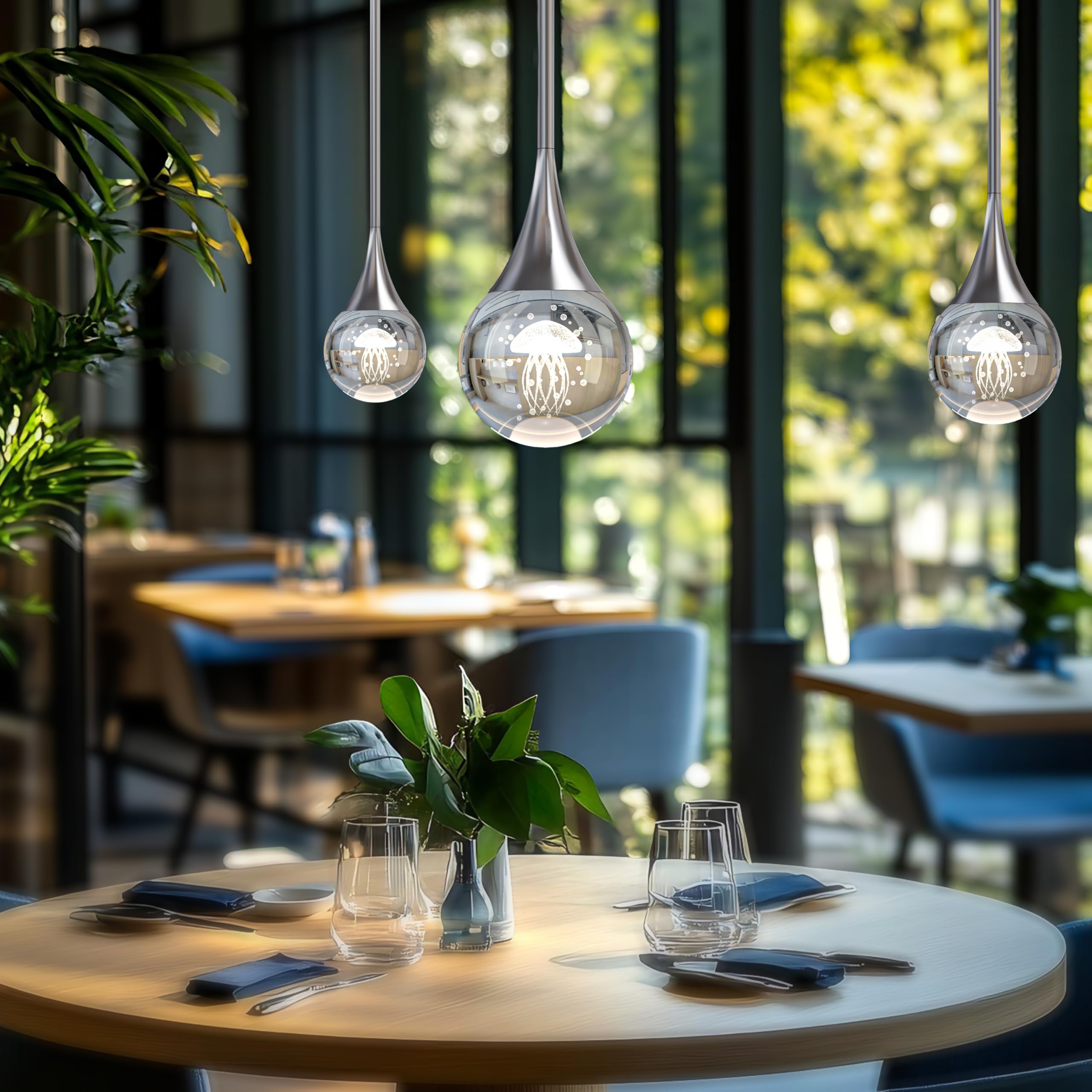 1-Pendant Lights Kitchen Island  Chrome Silver Crystal Globe Ceiling Hanging Light Fxitures  Led Lamp Metal Rod Ceiling Jellyfish Pendant Lighting For Kitchen Dining Room Bar
