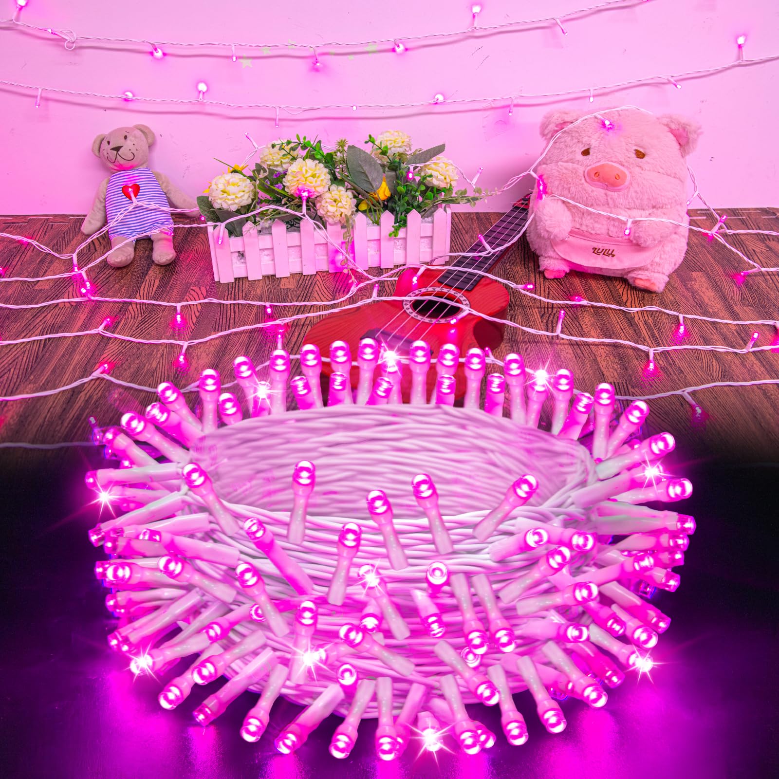 cshare Pink String Lights Batterry Operated Outdoor Waterproof 16.4ft 50 LED, Pink Fairy Lights with Timer White Wire for Indoor
