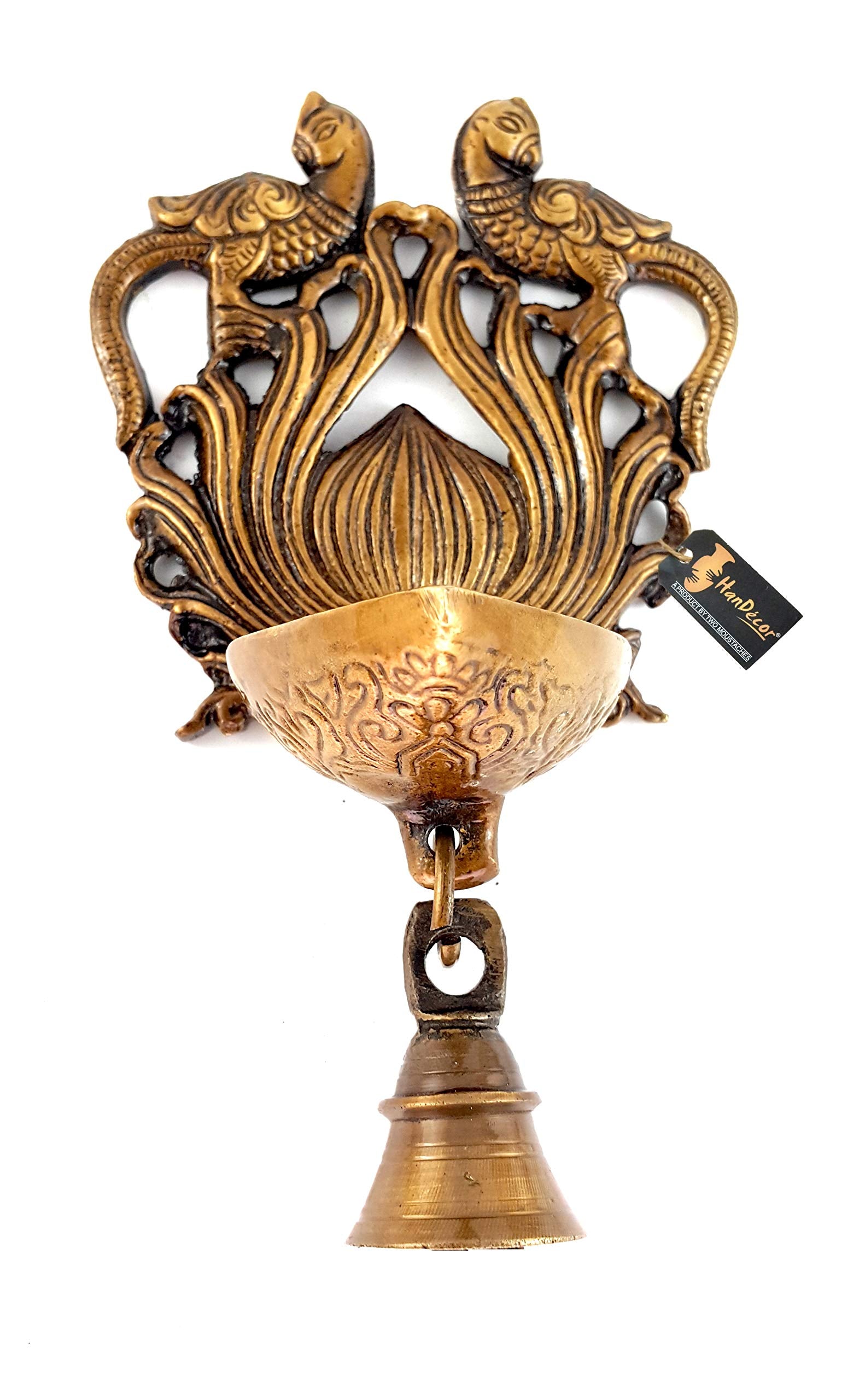 Two Moustaches Ethnic Design Twin Peacock with Bell Brass Wall Hanging Diya, Brass Hanging Diya, Brass Deepam, Diyas for Decorat