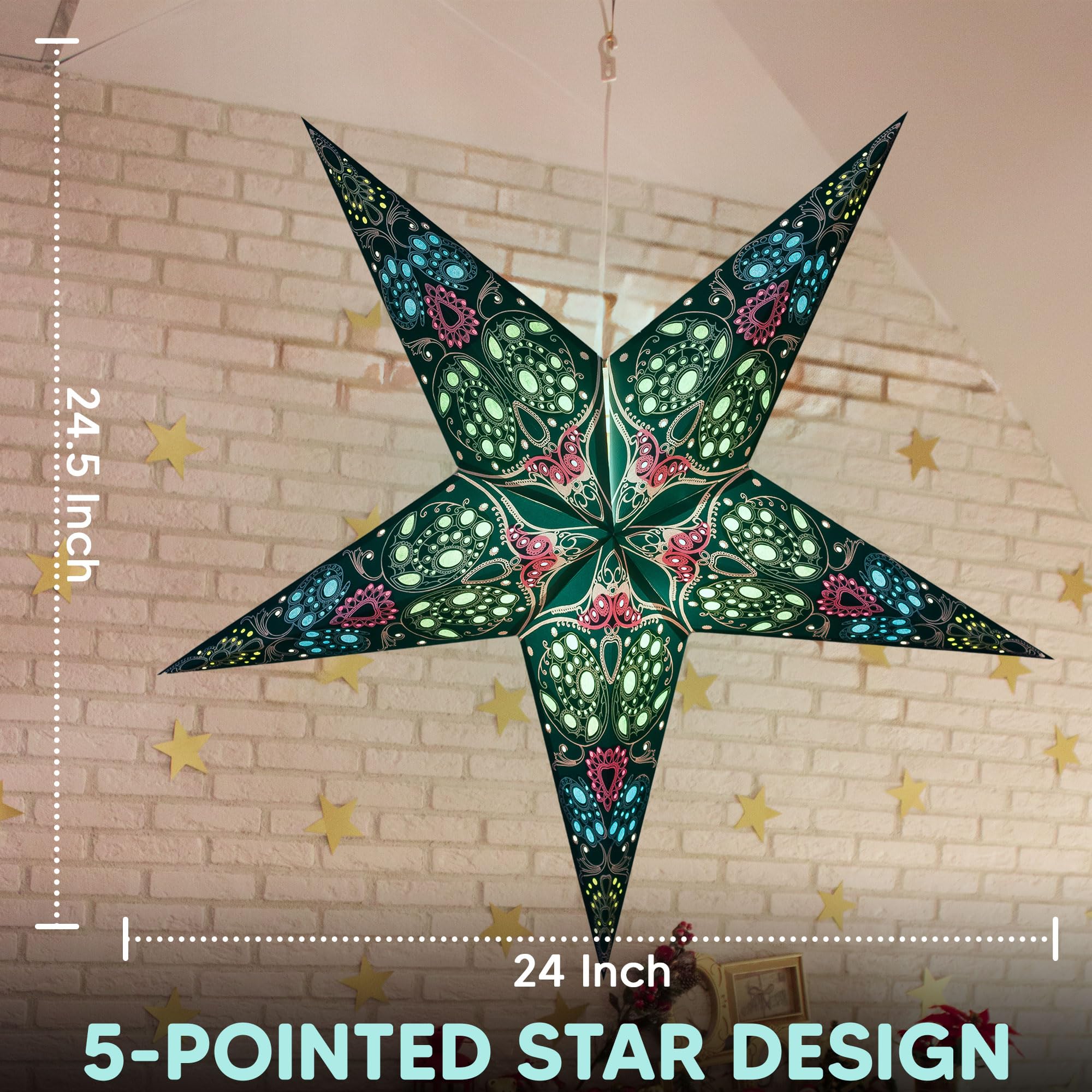 Galaxyarts Paper Star Lantern, Turquoise Maharani 24 Inch 3D 5-Pointed Light-Up Hanging Lamp, Handcrafted Hollow Home D  Cor For